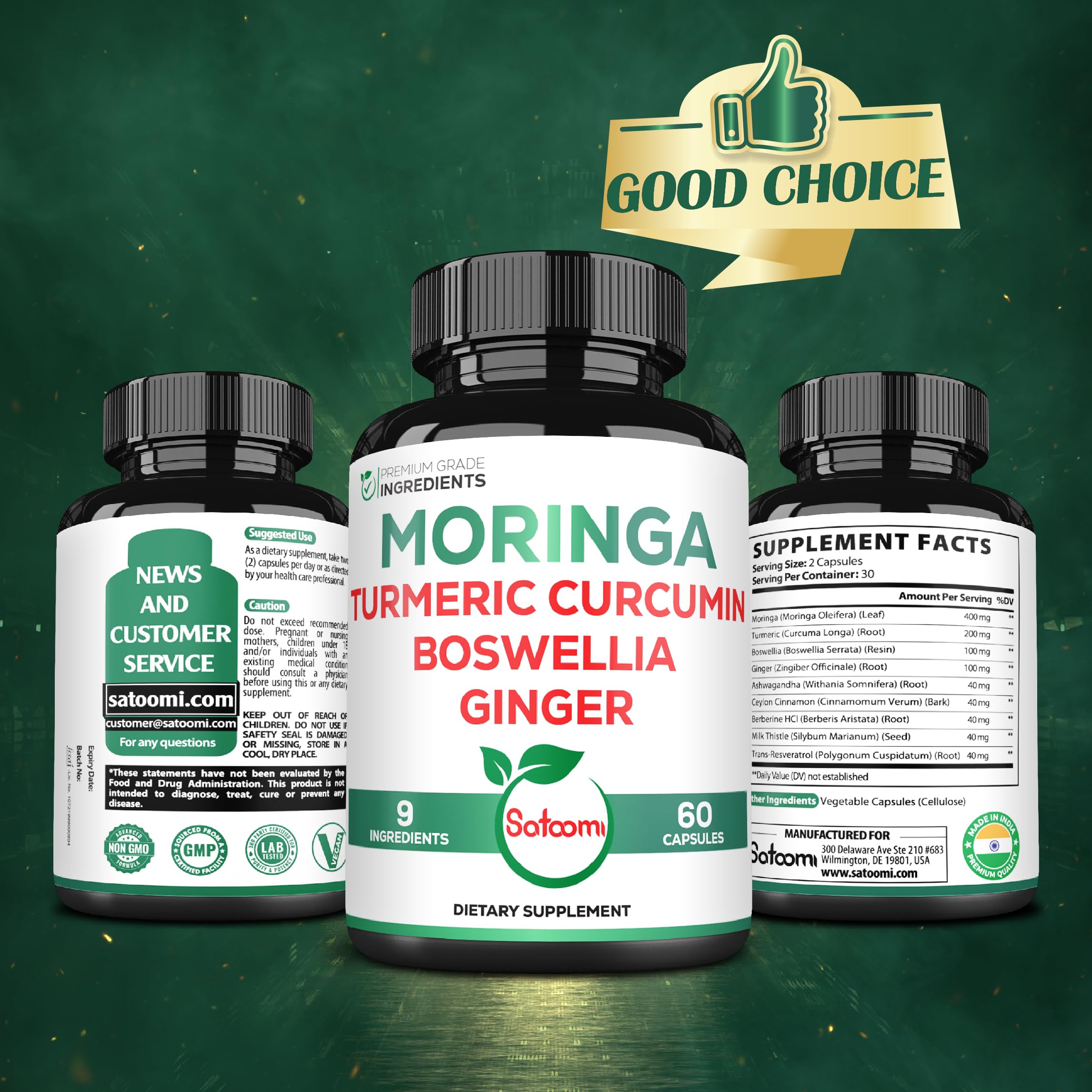 Satoomi 9in1 Moringa Capsules - Featuring Moringa, Turmeric, Boswellia, Ginger, Ashwagandha, Ceylon Cinnamon and Milk Thistle, and Resveratrol | Support Mood, Heart & Overall Health - 60 Count Satoomi uk supplements