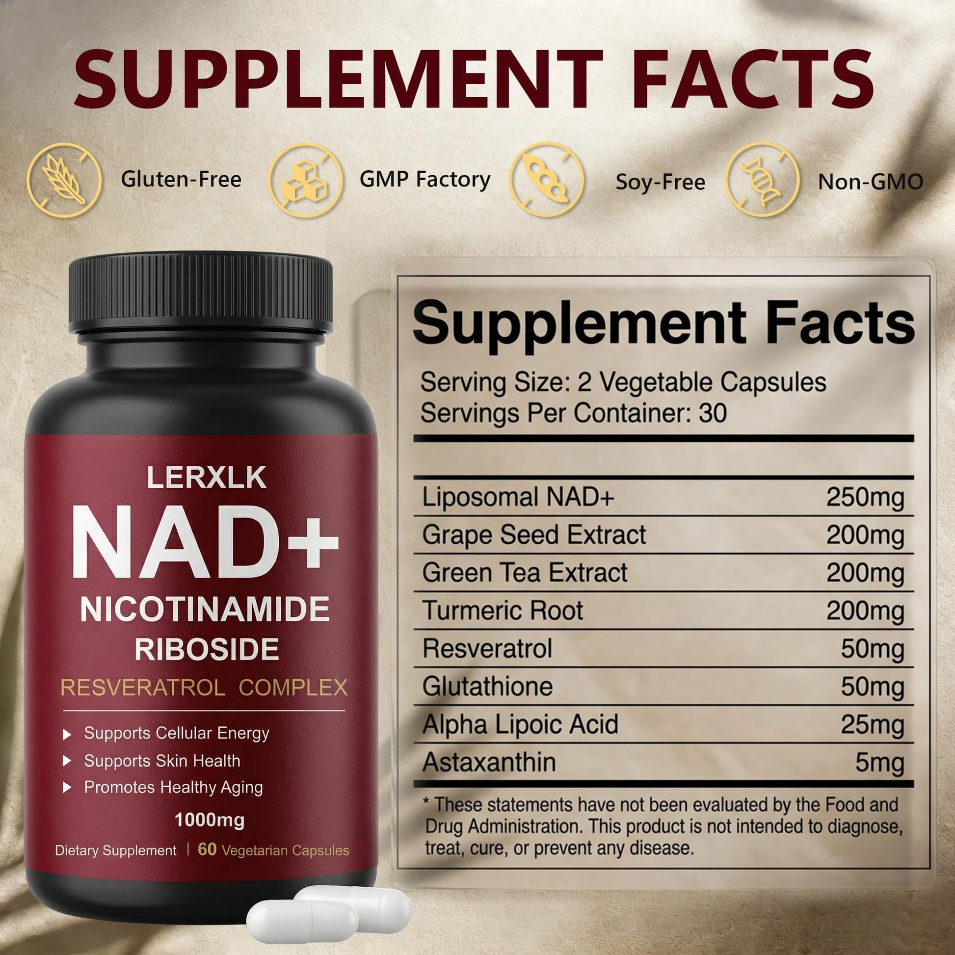 LERXLK NAD+ Supplement 1000mg – Liposomal Nicotinamide Riboside with Resveratrol, Advanced Cellular Energy & Healthy Aging Support, 60 Vegetarian Capsules LERXLK uk supplements