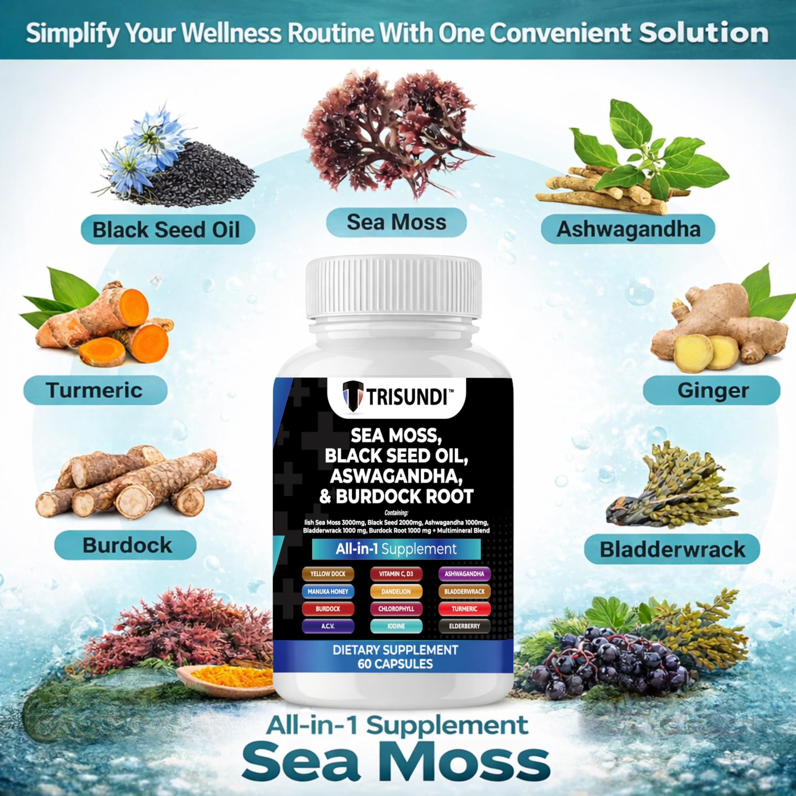 Trisundi Sea Moss Complex with Black Seed Oil, Ashwagandha & Burdock Root – All-in-One Herbal Supplement with Vitamins & Minerals – 60 Capsules Trisundi uk supplements