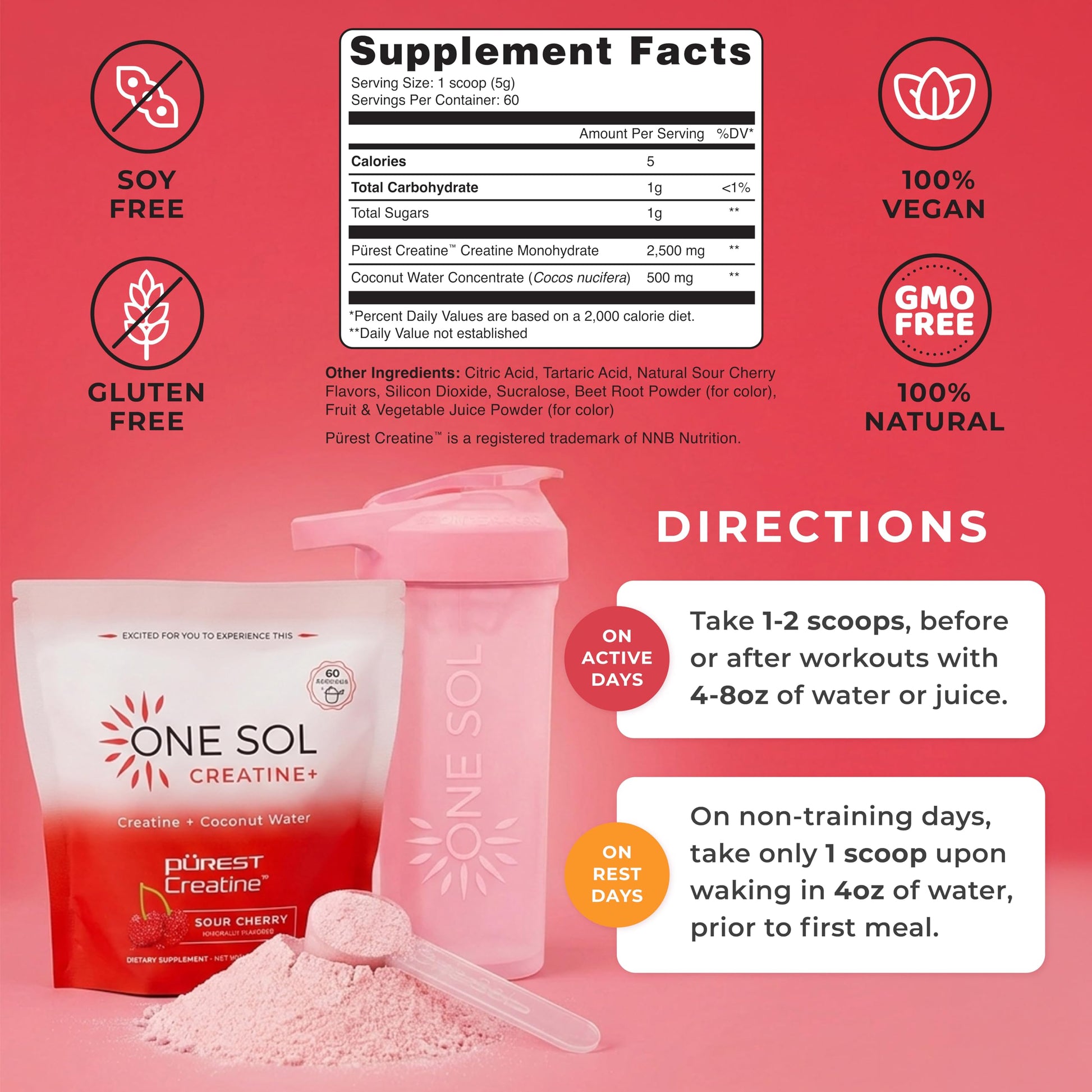 One Sol Creatine for Women, All Natural Women's Creatine Powder w Pure Creatine & Coconut Water, Increase Lean Muscle Mass, Reduce Recovery Time, Promote Brain & Bone Health (Sour Cherry, 60 Servings) One Sol uk supplements