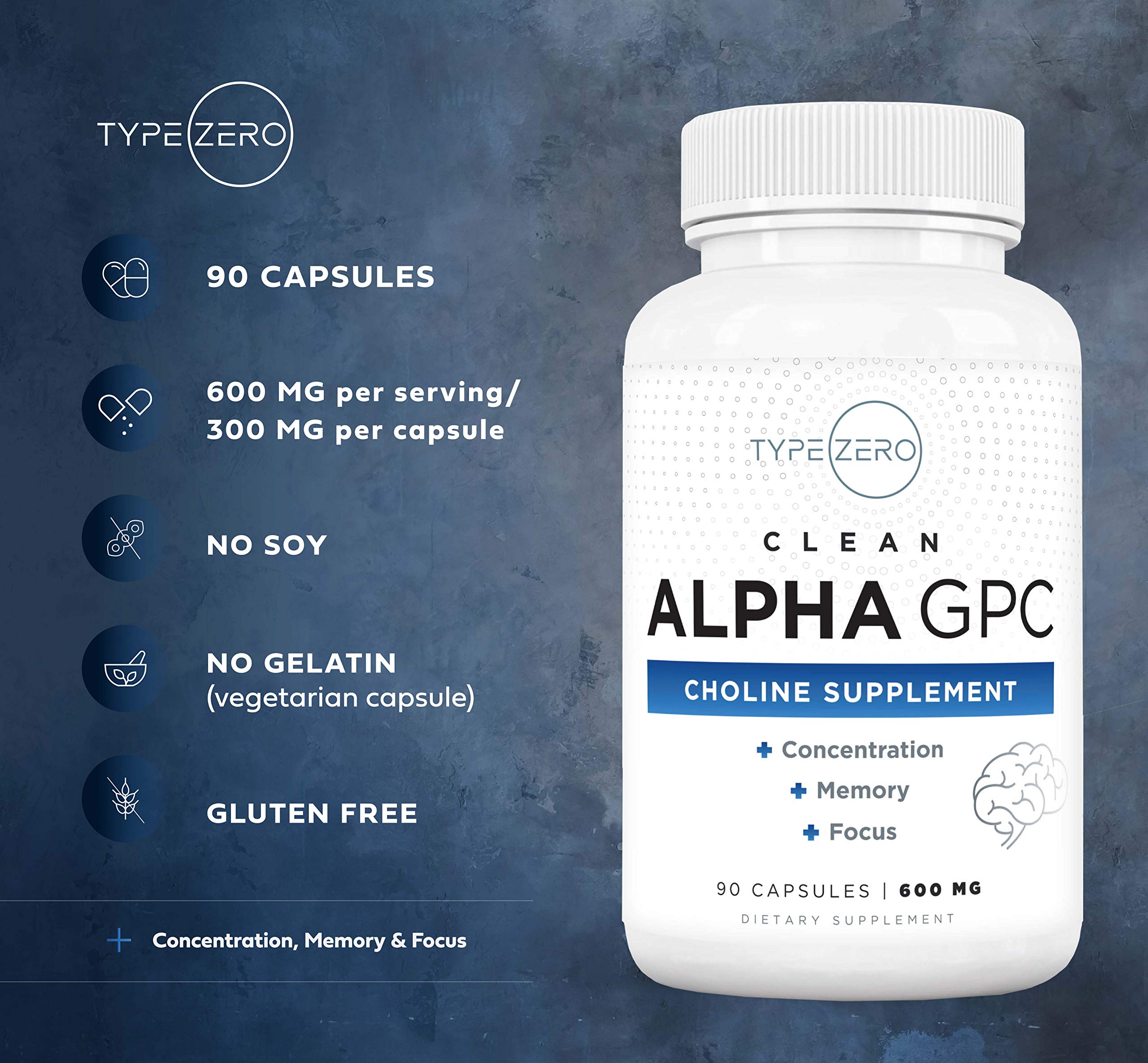 Type Zero Ultra Clean Alpha GPC Choline Supplement (600mg | 90 Capsules) Soy Free, Non-GMO Nootropics Alpha GPC 600mg / 300mg; Alpha-GPC Brain Memory and Focus Supplements Type Zero uk supplements