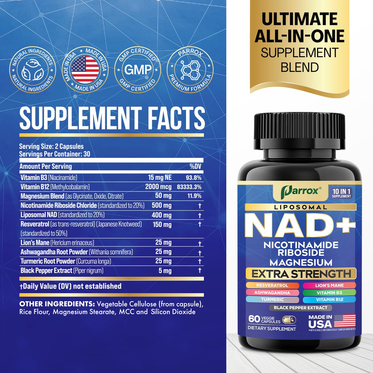 Parrox NAD+ Supplement with Liposomal NAD+, Nicotinamide Riboside, Magnesium, Vitamin B3 & B12, Resveratrol, Turmeric, Ashwagandha, Lion’s Mane,10-in-1 Extra Strength (2 Pack) Parrox uk supplements