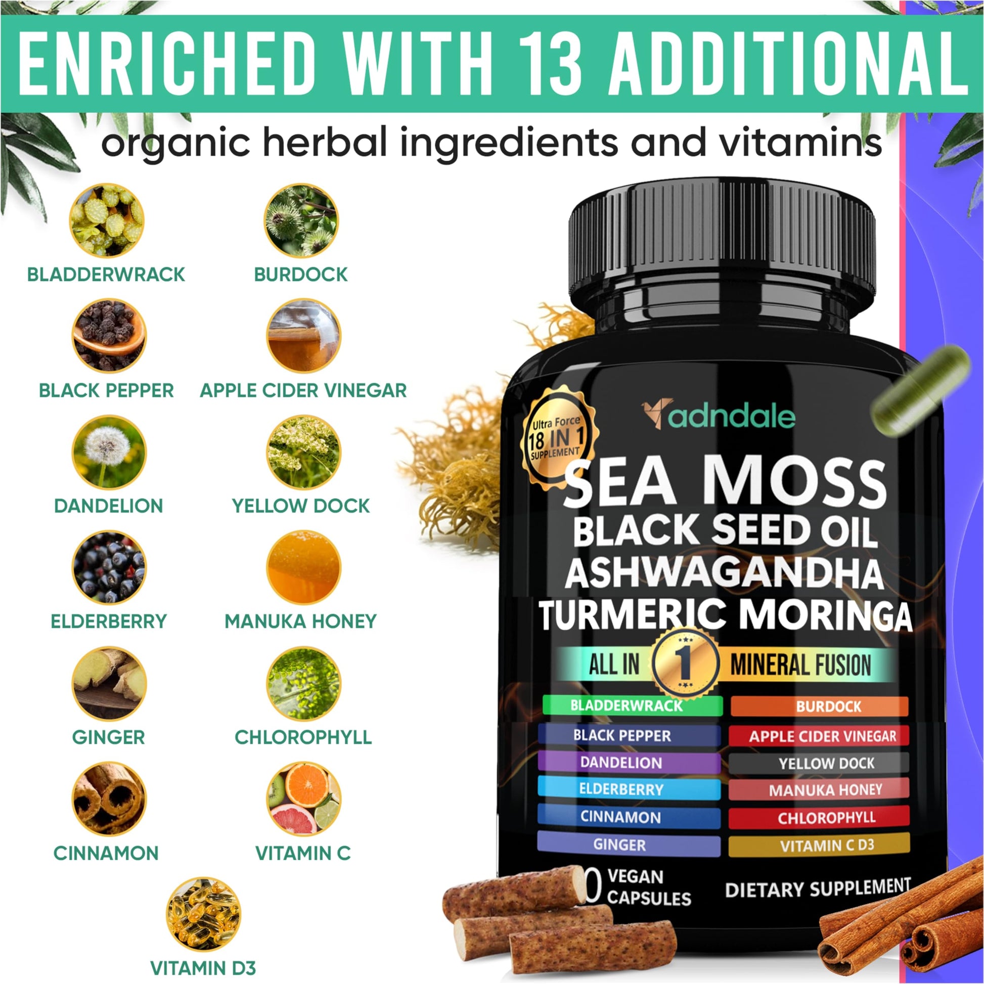 Adndale Sea Moss Capsules - Sea Moss Blend with Ashwagandha, Turmeric & Black Seed Oil - 180 Count Adndale uk supplements