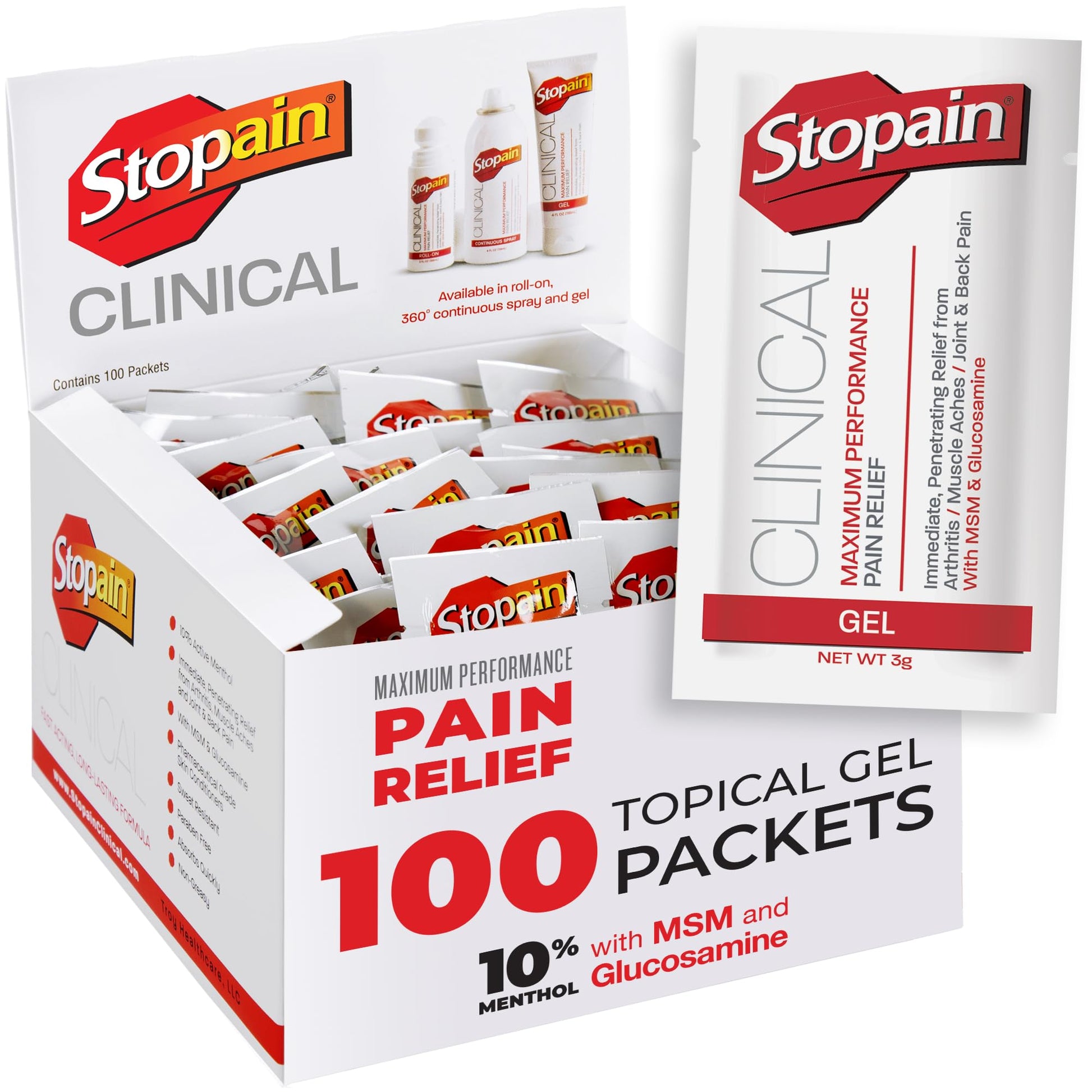 Stopain Pain Relief Clinical Gel Packets, Made in USA, Maximum Performance Pain Relief with 10% Menthol Plus Glucosamine for Muscle Aches, Joint Pain, and Arthritis (100 Pack) Stopain uk supplements