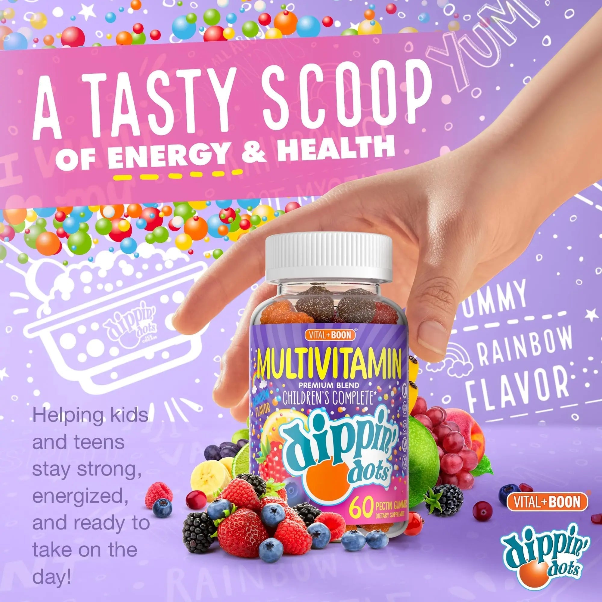Dippin' Dots - Multivitamin Gummies for Kids Rainbow Fruit Flavor Complete Multivitamin Chewy Gummies Vitamin A, B, C, D3, E, B6, Zinc - 60 Count Vital+Boon uk supplements