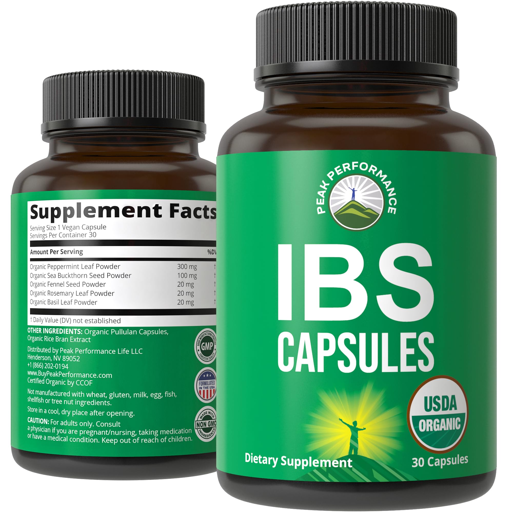 USDA Organic IBS Capsules for Relief, Ingestion, Bloating, Gas. Irritable Bowel Supplement with 5 Handpicked Organic Ingredients. Peppermint Oil, Sea Buckthorn, Fennel Seed, Rosemary Leaf, Basil Leaf Peak Performance uk supplements