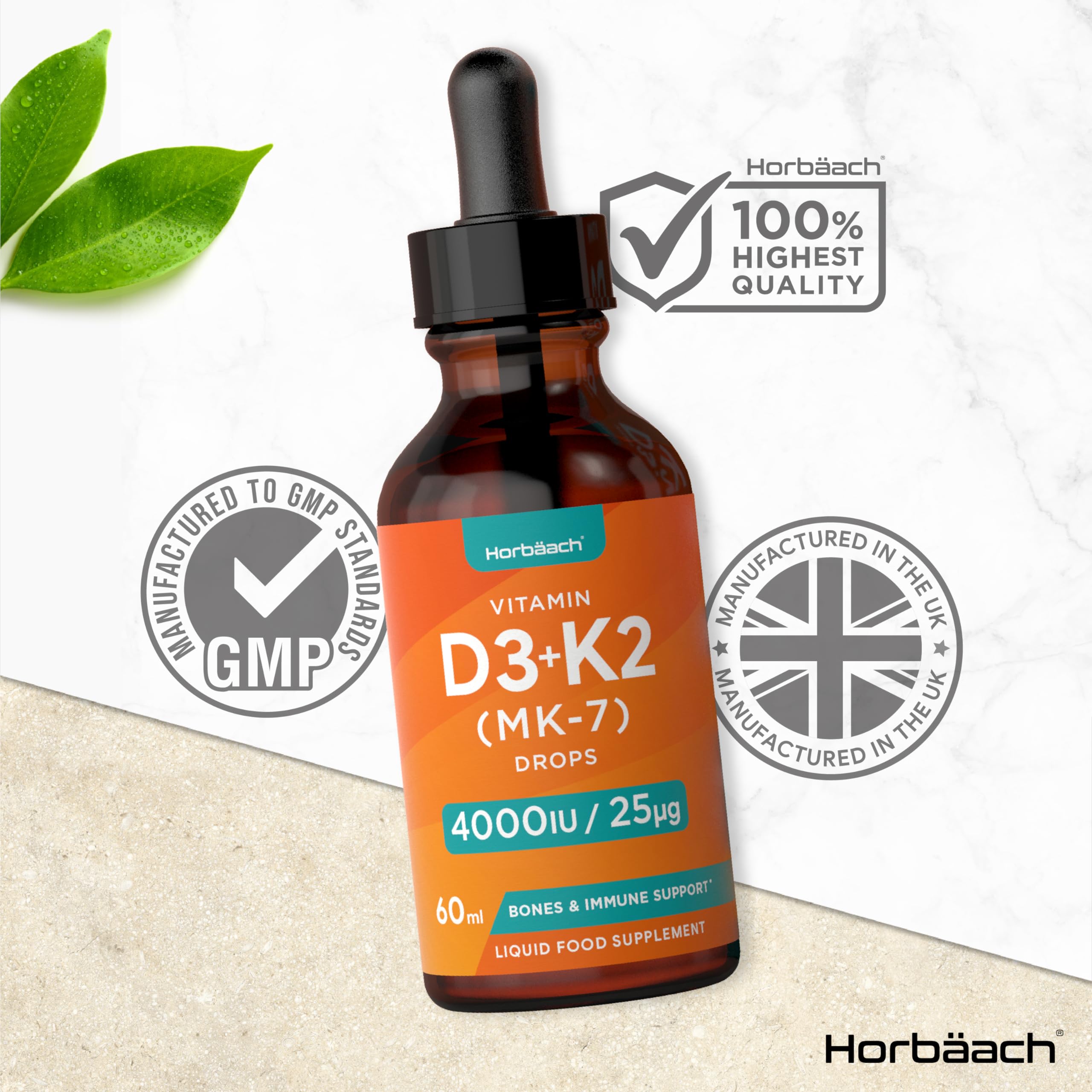 Vitamin D3 K2 Drops | 60mL | High Strength Vitamin D3 4000iu and K2 25ug | No Artificial Horbäach uk supplements
