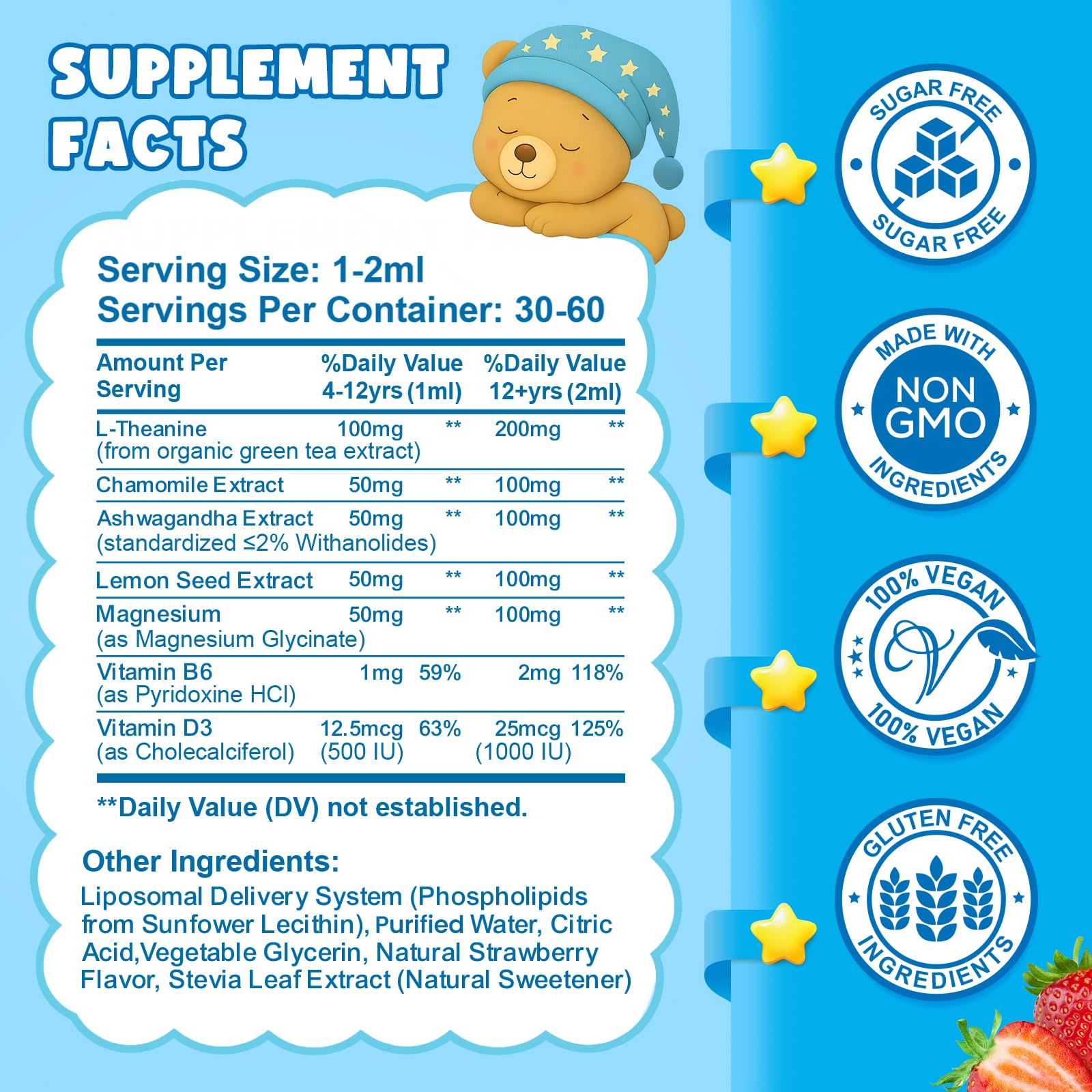 Liposomal L-Theanine Drops for Kids & Adults – Liquid L-Theanine Supplement with Magnesium Glycinate, Ashwagandha, Chamomile, Vitamin B6 & D3 – Supports Calm, Focus & Restful Sleep – Strawberry Flavor CFILIHTC uk supplements
