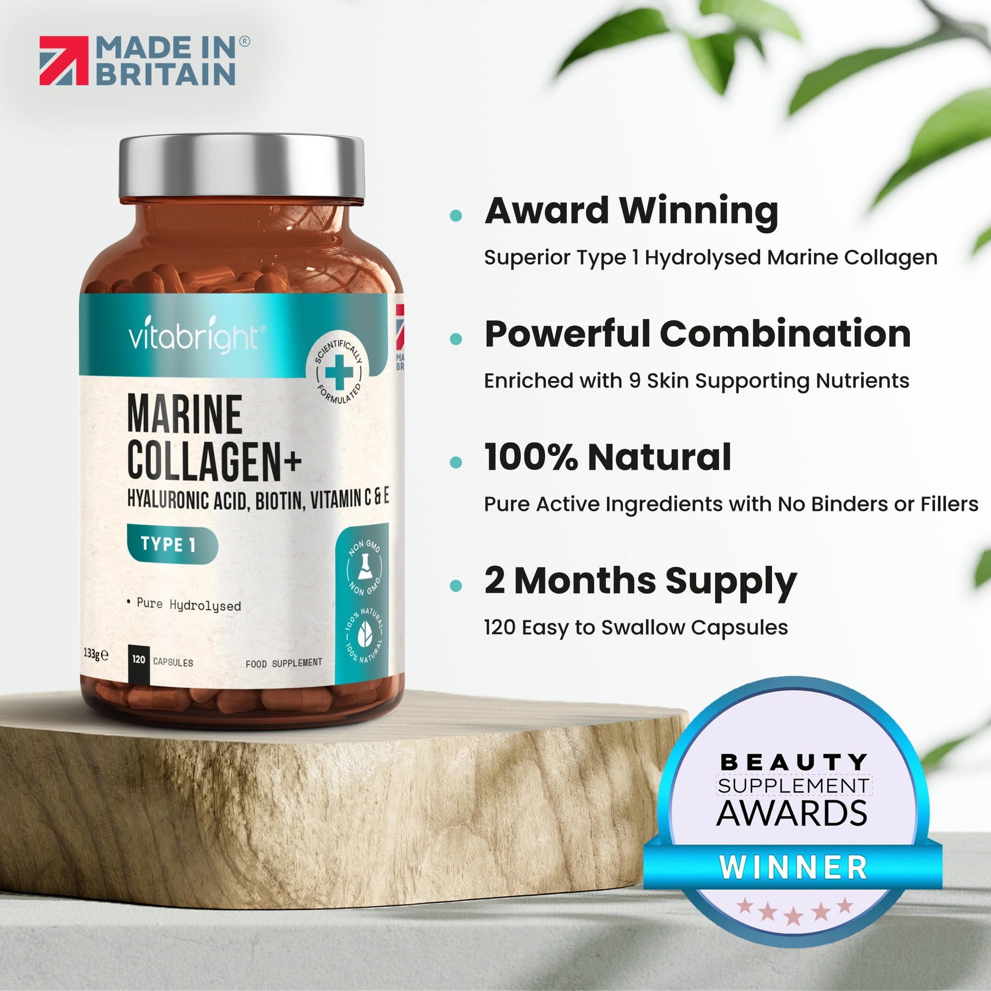 Marine Collagen Capsules 1000mg - 120 Capsules - 9 Powerful Skin Supporting Nutrients VitaBright uk supplements