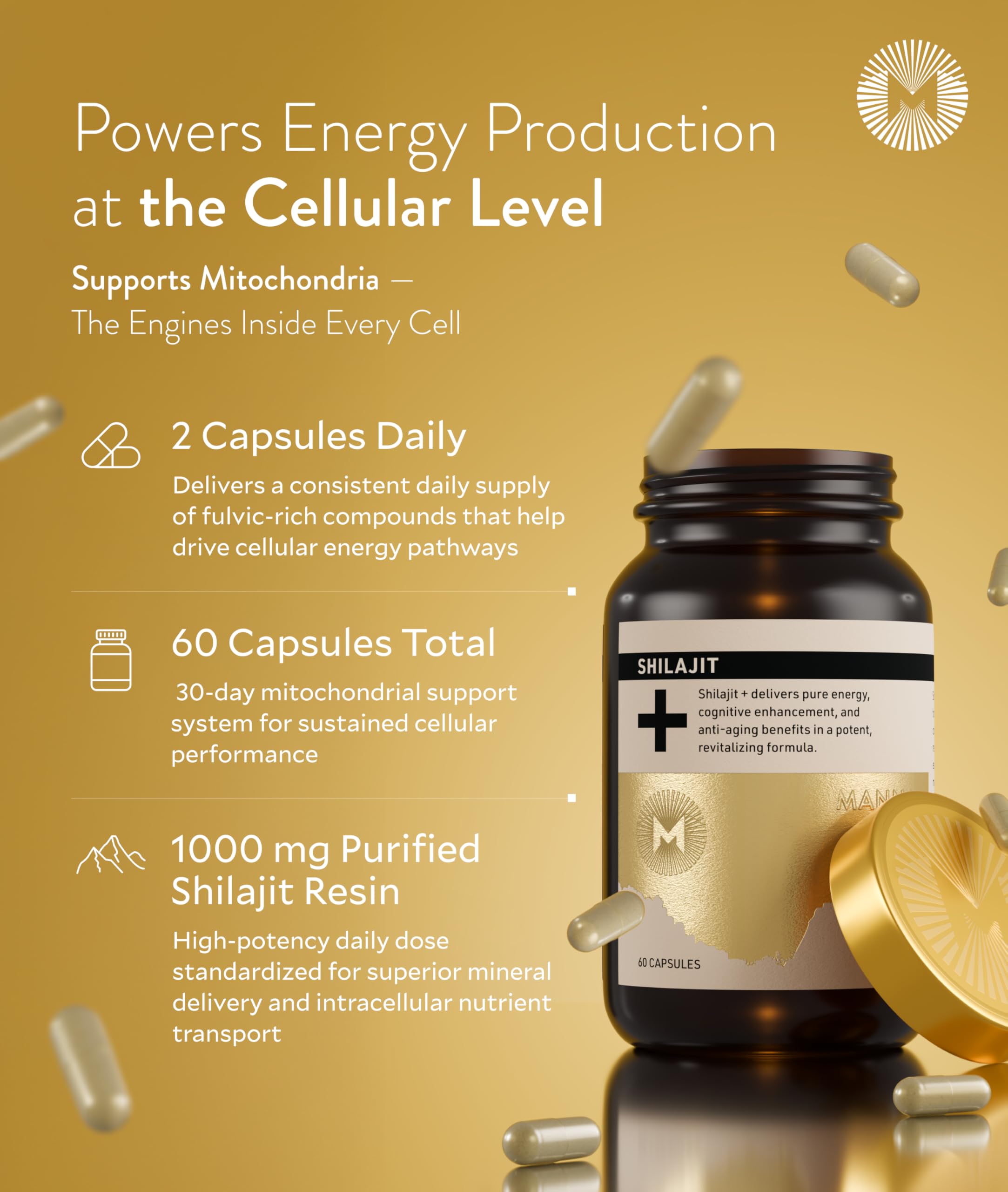 Manna Vitality Shilajit+ Capsules | 1000mg Purified Himalayan Shilajit Resin Supplement | Highest Bioavailability | Energy, Performance, Detox, Vitality, Mental Clarity & Cognitive Support | 60 Count M Manna uk supplements