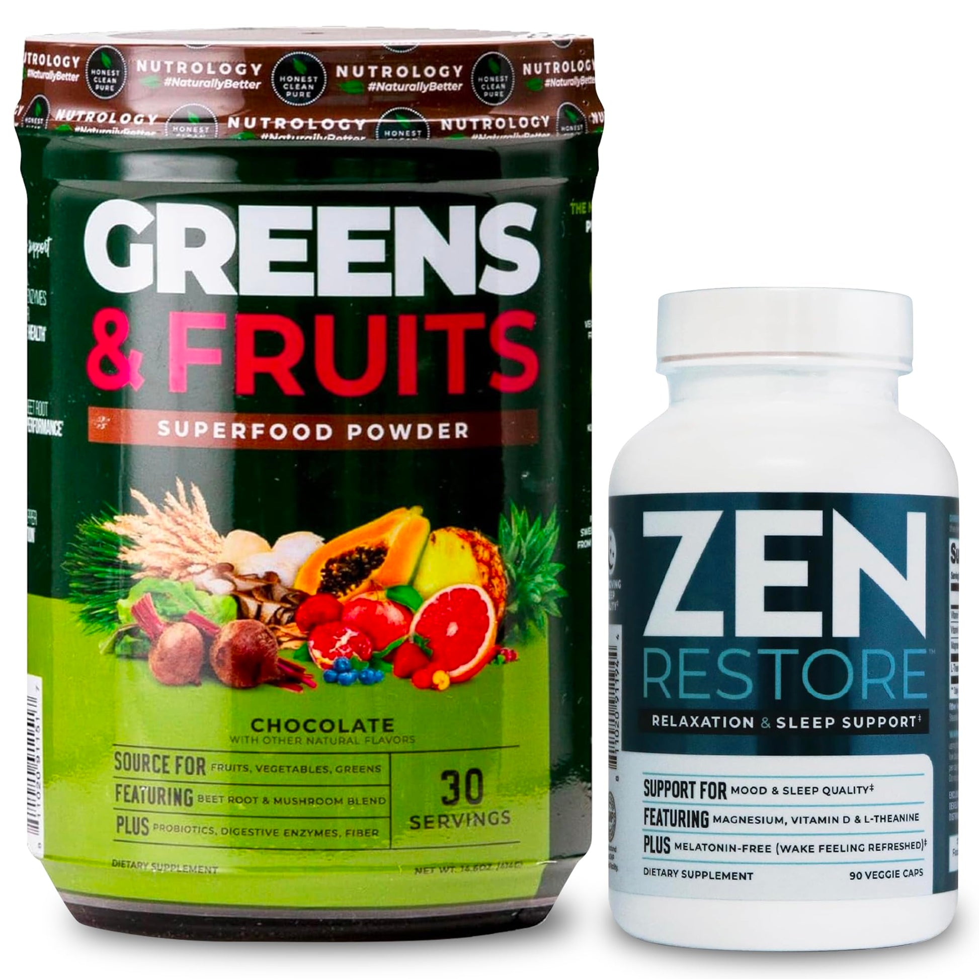 Nutrology Greens & Fruits Powder-Naturally Sourced Superfood, Chocolate (30 Servings) Zen Natural Magnesium Supplement (30 Servings) Nutrology uk supplements