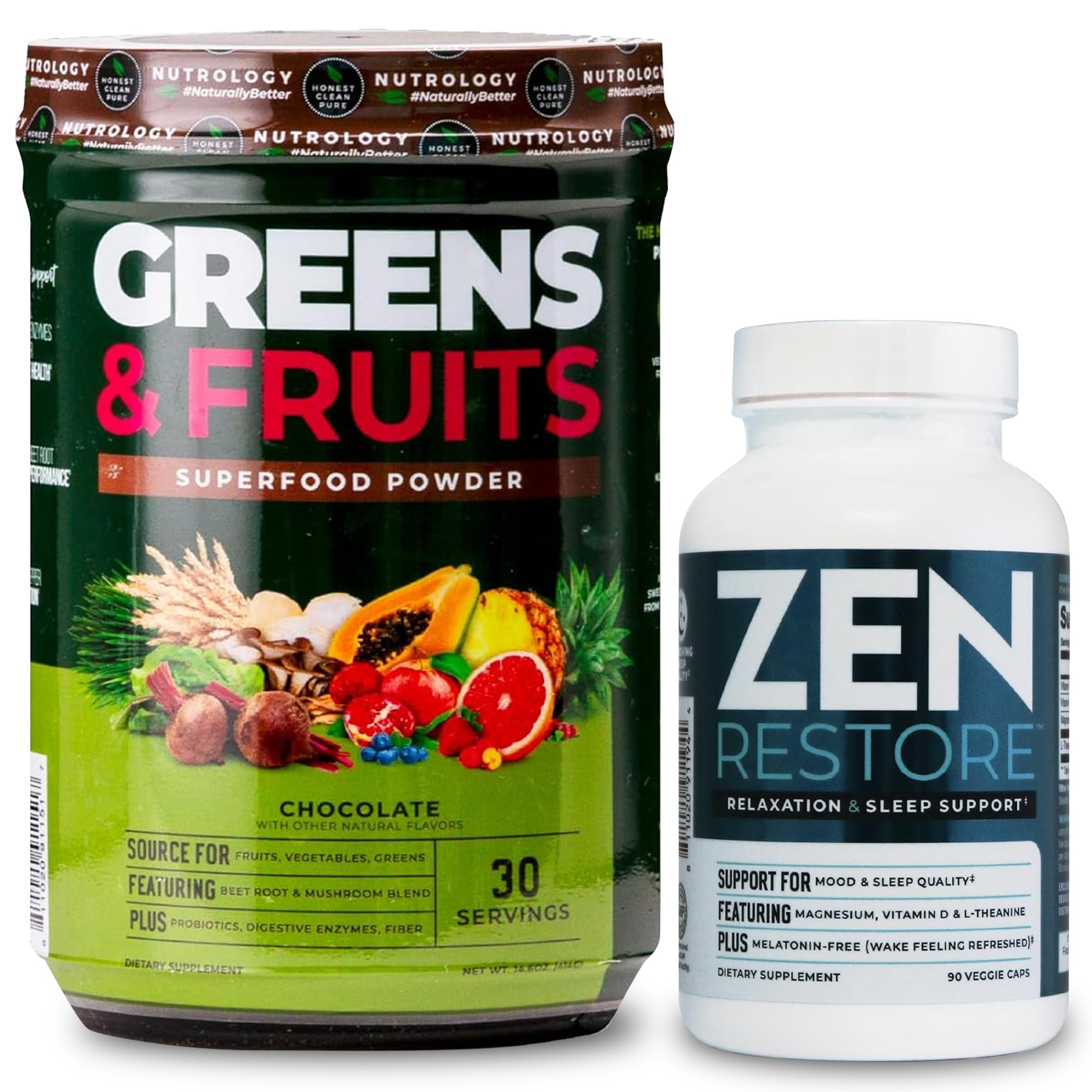 Nutrology Greens & Fruits Powder-Naturally Sourced Superfood, Chocolate (30 Servings) Zen Natural Magnesium Supplement (30 Servings) Nutrology uk supplements