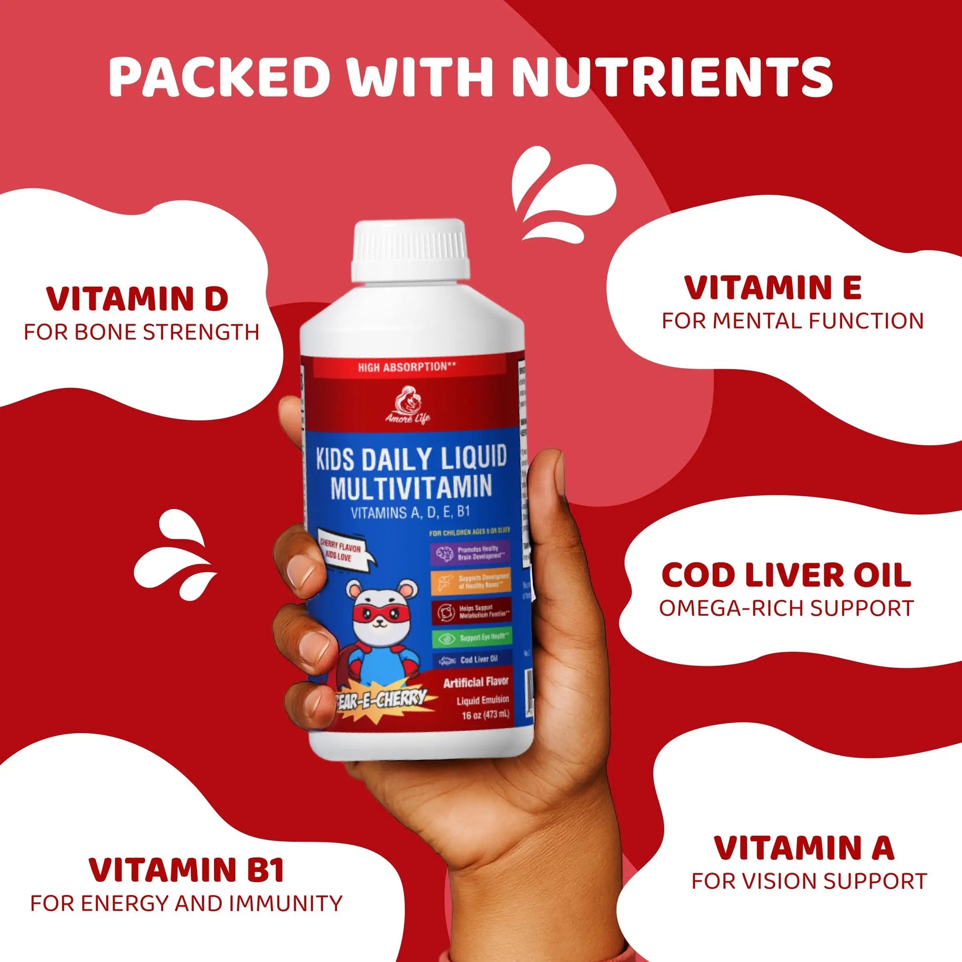 Amore Life Daily Liquid Multivitamin for Kids, High Absorption with Liquid Vitamin A, D, E, B1 and Cod Liver Oil for Kids Amore Life uk supplements