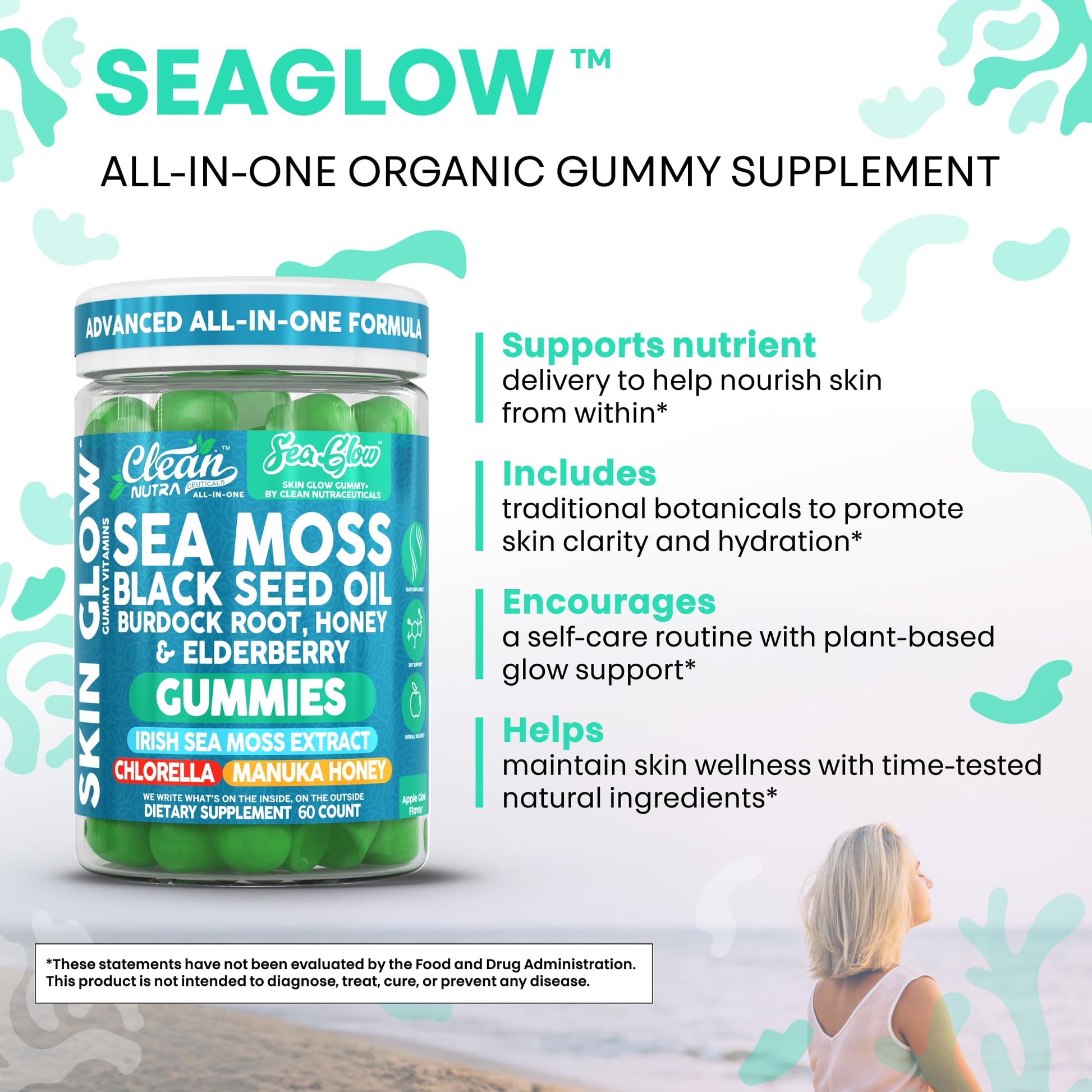 Clean Nutra Sea Moss Gummies Black Seed Oil Chlorella Ashwagandha Root Hair Growth Skin Glow Irish Sea Moss Elderberry Burdock Manuka Honey Trace Minerals Detox 60 Gummy Vitamins Sea Glow Supplement Clean Nutraceuticals uk supplements