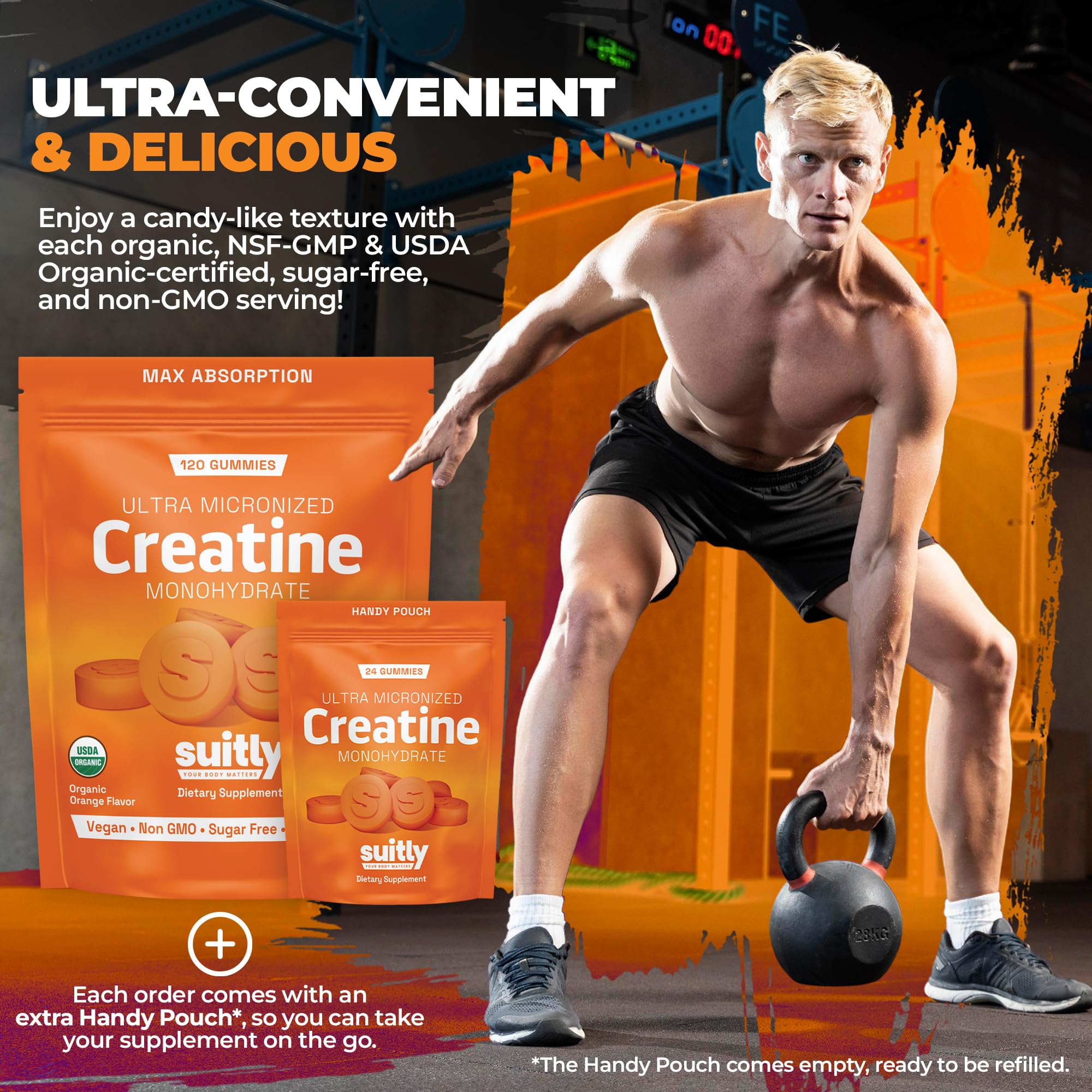 USDA Organic Ultra-Micronized Creatine Gummies for Men & Women; Orange Max Absorption 5g Creatine Gummies Sugar Free for Muscle Gain, Energy & Recovery; Muscle Builder for Women with Pouch - 120 Count Suitly uk supplements