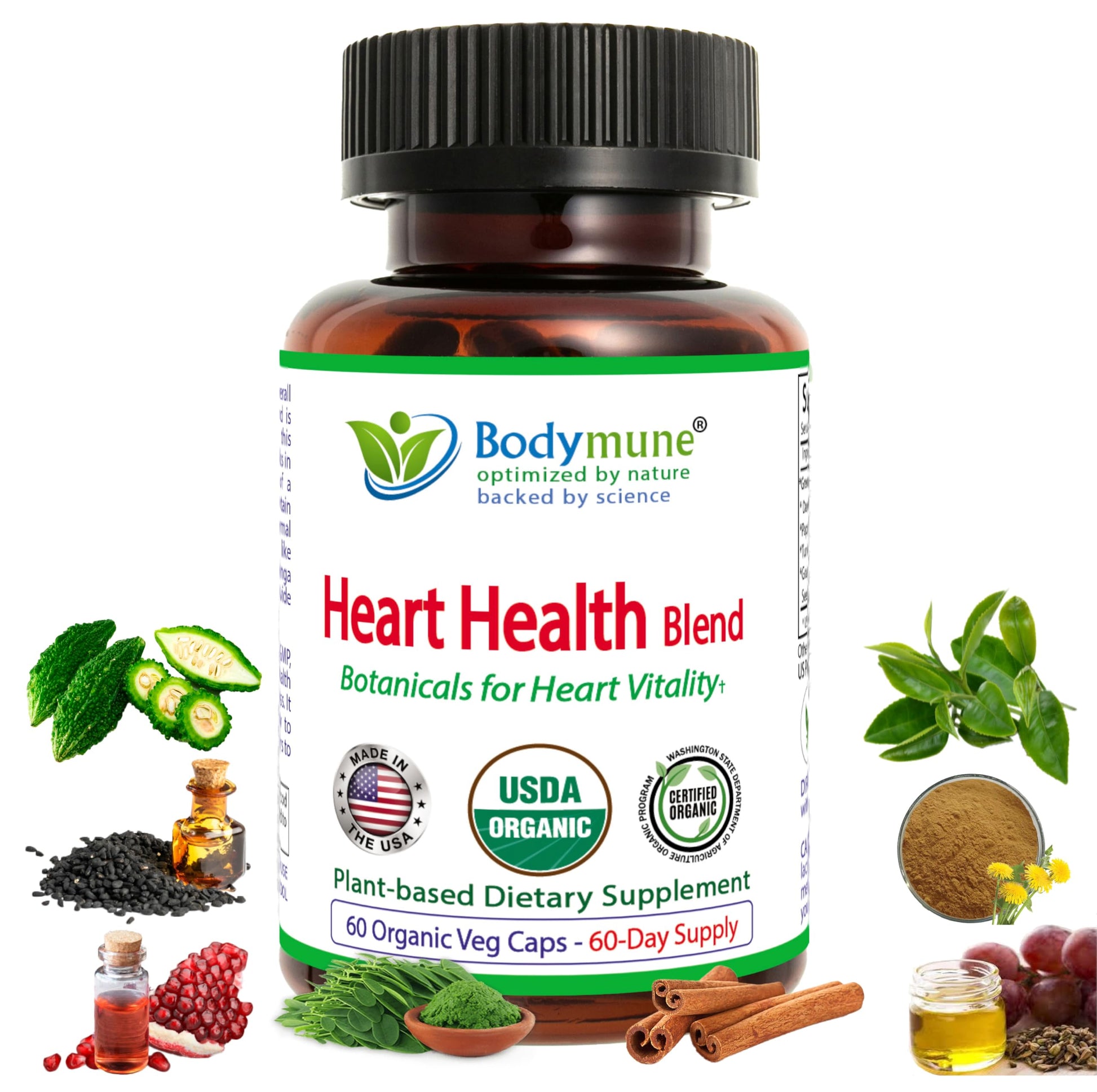 Bodymune Heart Health Blend Cholesterol Support – Organic Cardiovascular & Circulation Supplement – with Green Tea, Pomegranate & Black Seed Oil – 66 Capsules – USDA Organic, Vegan Bodymune uk supplements