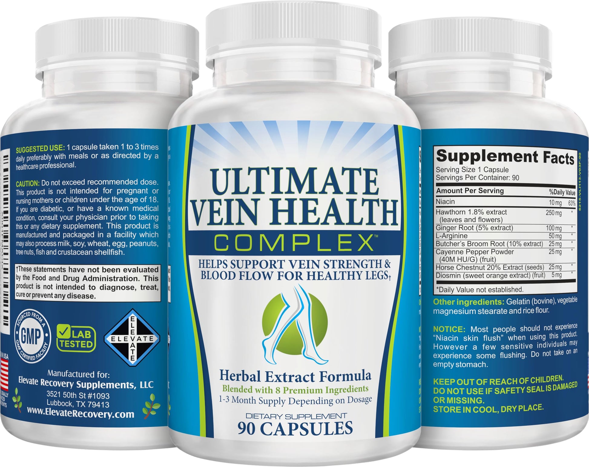 8-in-1 Vein & Leg Health Circulation Support Supplements | Leg + Vein Formula | Circulatory Support Supplement | 1-Month Supply | 90 Capsules Elevate Recovery Supplements uk supplements