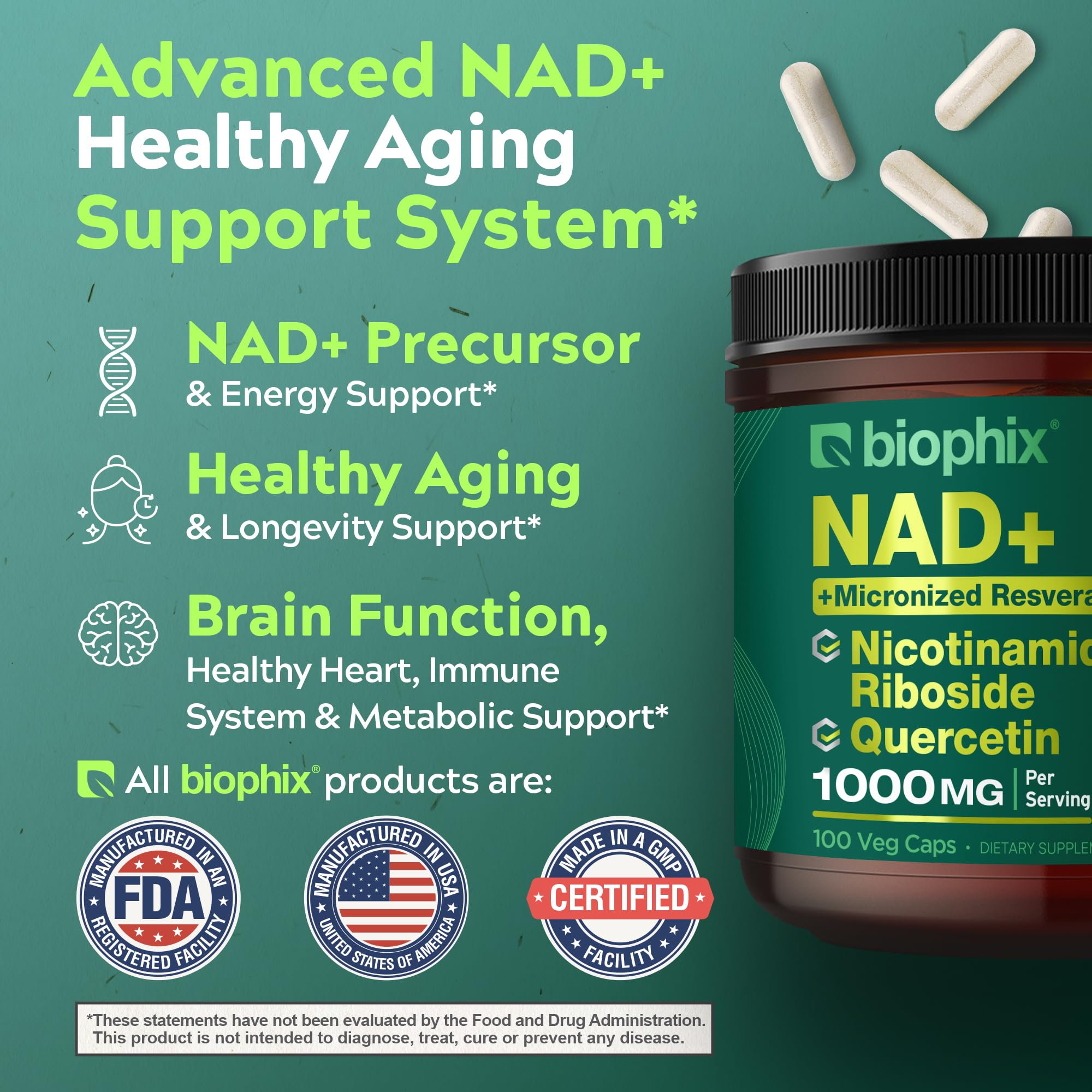 biophix NAD+ Liposomal Supplement for Women & Men - 1000 mg per Serving - Nicotinamide Riboside, Micronized Resveratrol & Quercetin Complex - 100 Veg Capsules - Non-GMO, Gluten-Free, cGMP Certified biophix uk supplements