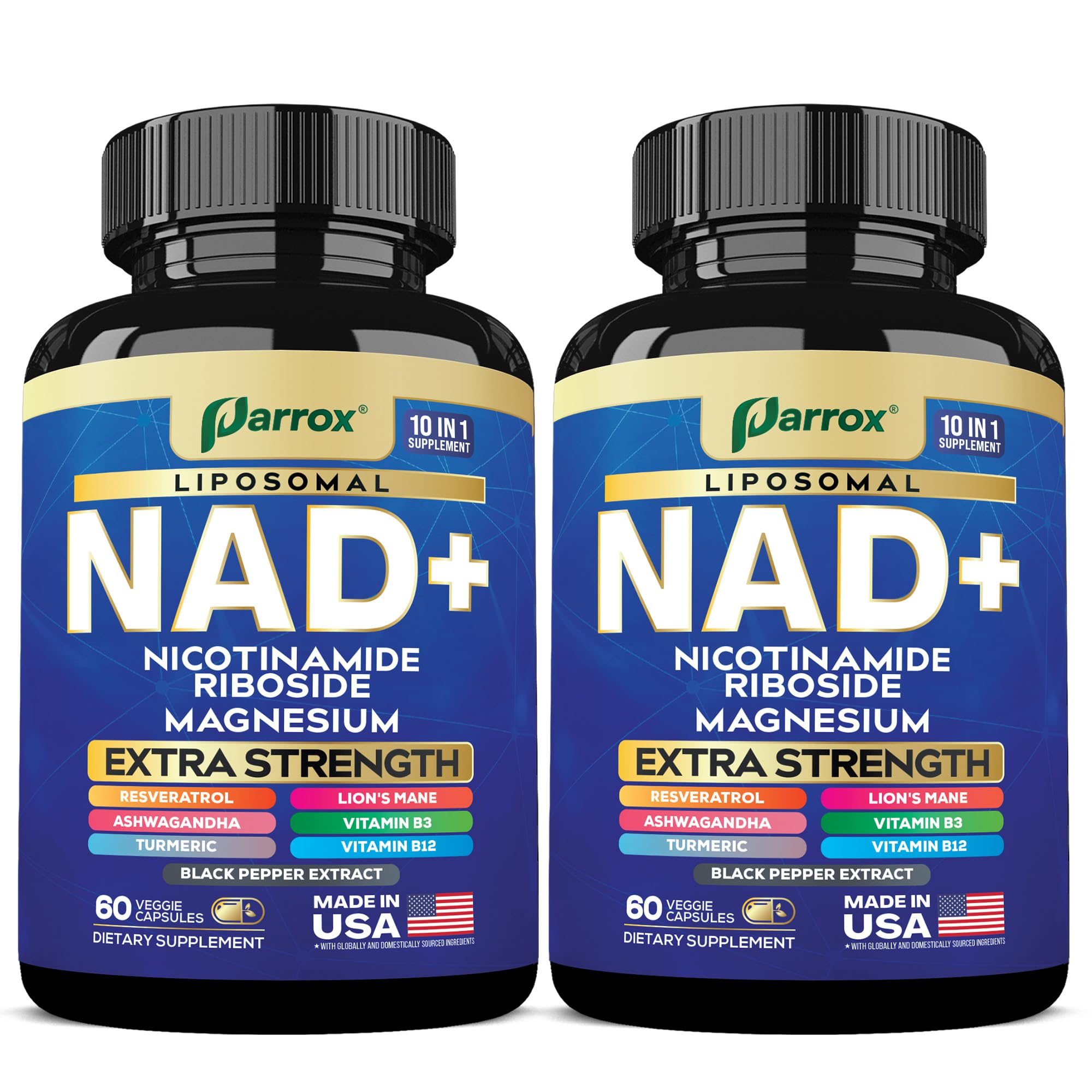 Parrox NAD+ Supplement with Liposomal NAD+, Nicotinamide Riboside, Magnesium, Vitamin B3 & B12, Resveratrol, Turmeric, Ashwagandha, Lion’s Mane,10-in-1 Extra Strength (2 Pack) Parrox uk supplements
