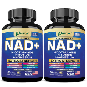 Parrox NAD+ Supplement with Liposomal NAD+, Nicotinamide Riboside, Magnesium, Vitamin B3 & B12, Resveratrol, Turmeric, Ashwagandha, Lion’s Mane,10-in-1 Extra Strength (2 Pack) Parrox uk supplements