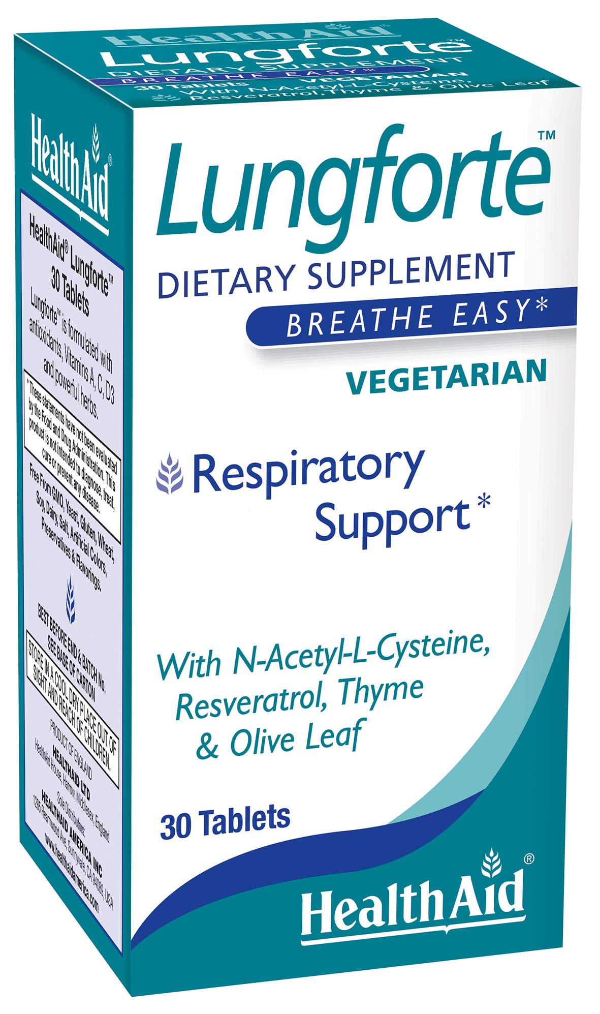HealthAid LungForte 30 Tablets – Daily Antioxidant Lung Support with NAC, Resveratrol, Olive Leaf, Thyme & Vitamins A, C & D3 – Vegetarian, Non‑GMO HealthAid uk supplements