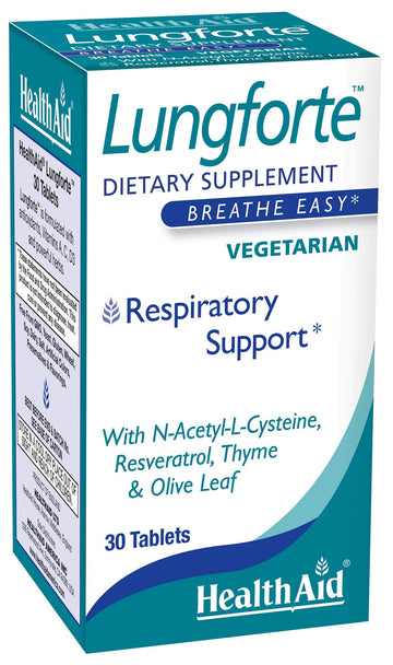HealthAid LungForte 30 Tablets – Daily Antioxidant Lung Support with NAC, Resveratrol, Olive Leaf, Thyme & Vitamins A, C & D3 – Vegetarian, Non‑GMO HealthAid uk supplements