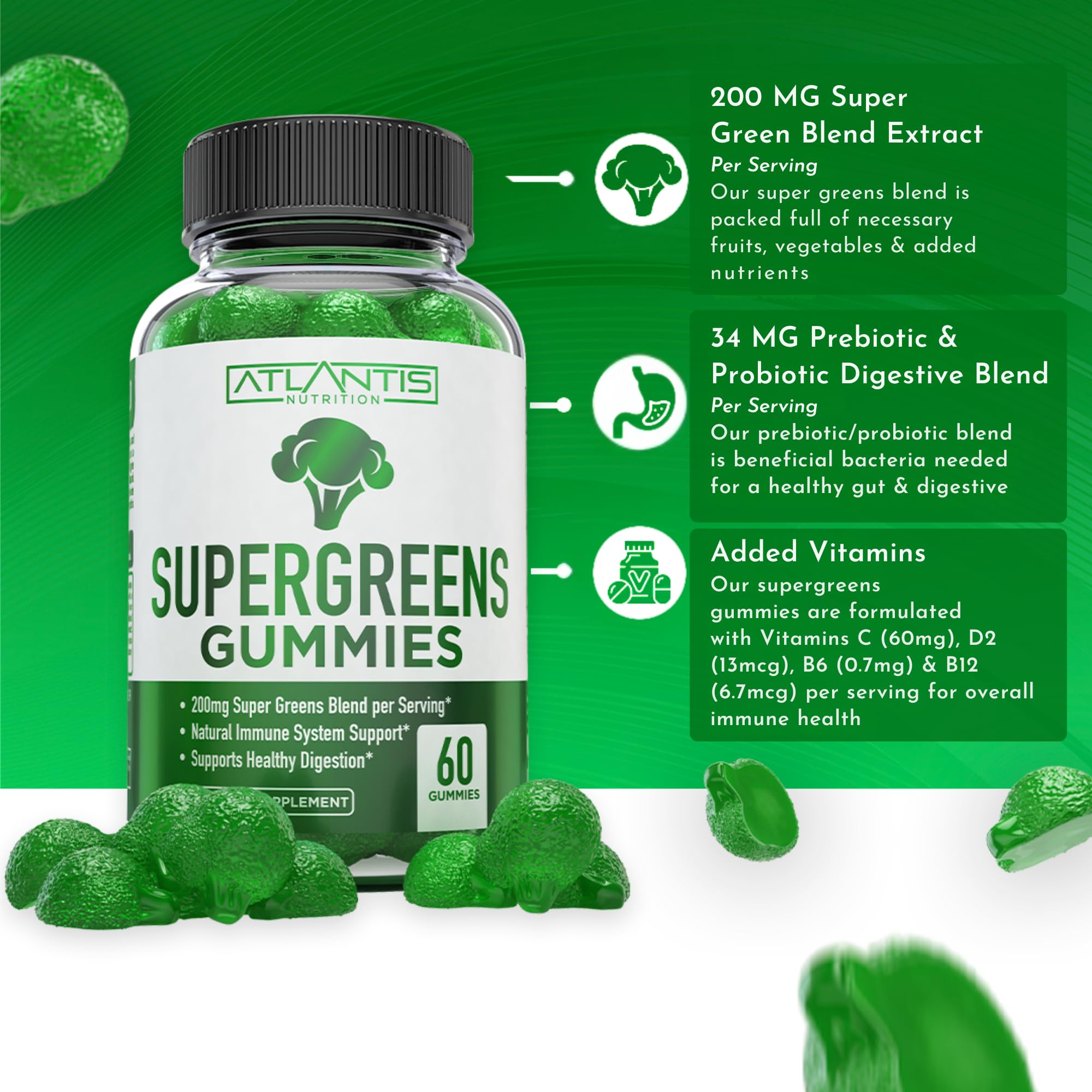 Atlantis Nutrition Supergreens Gummies - Daily Green Superfoods Supplement with Spinach, Broccoli, Moringa, Beet Root, Celery, Green Tea, & Acai for Immunity Support - Natural Raspberry Flavor, 60 cnt Atlantis Nutrition uk supplements