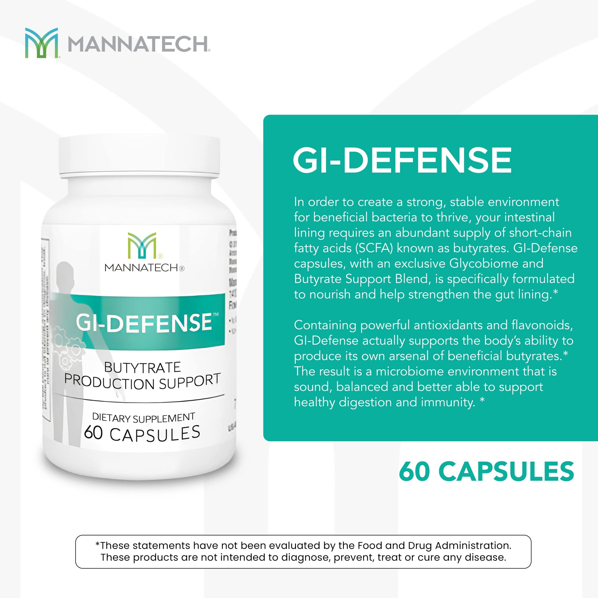 Mannatech Butyrate Supplement - Supports Gut Barrier Function, Intestinal Health, and Digestive Comfort - Promotes Short Chain Fatty Acid Production, Immune Support Supplement GI-Defense 60 Capsules Mannatech uk supplements