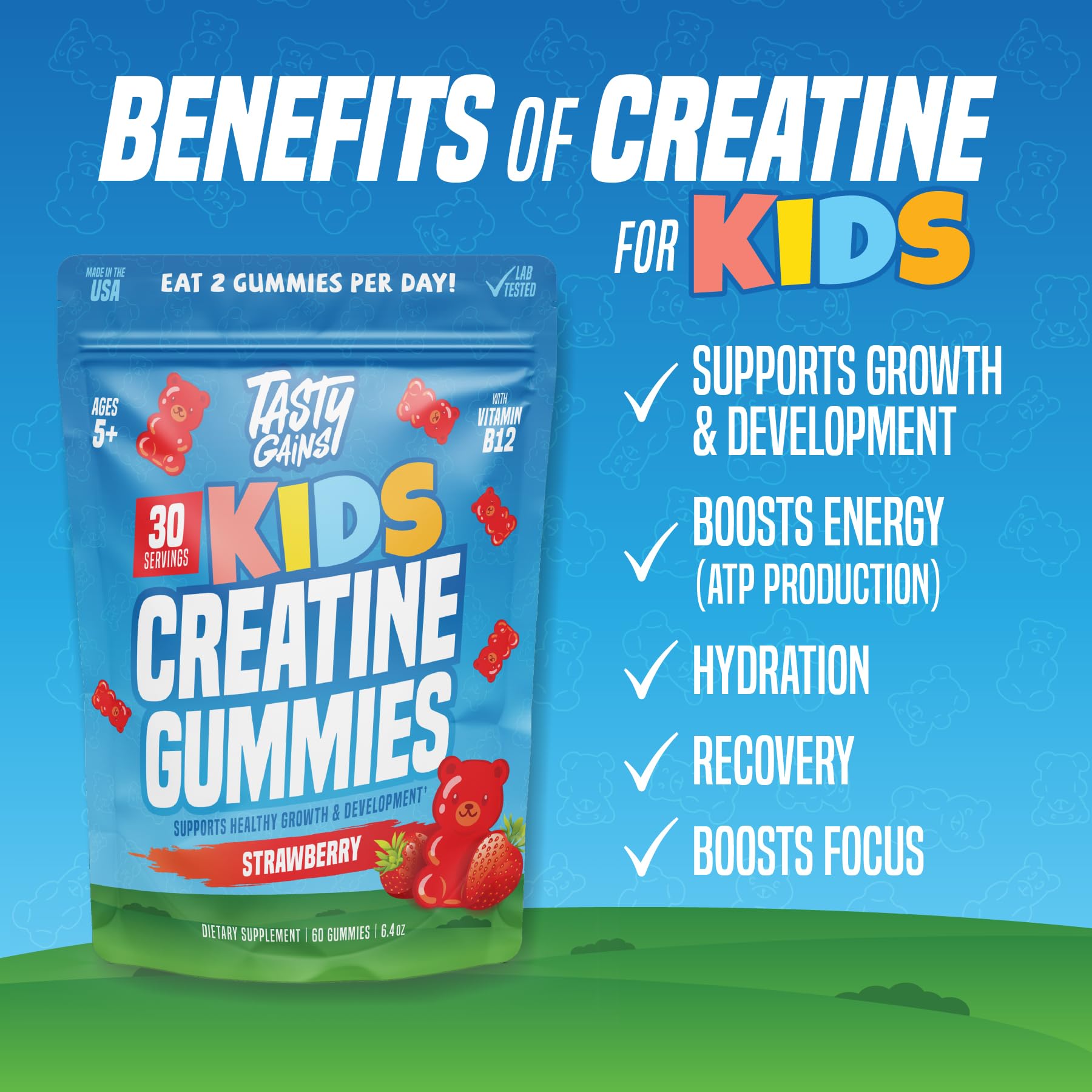 TASTY GAINS Kids & Teen Creatine Gummies with Vitamin B12 for Growth Support, Easy Chew Daily Supplement, Gummy Vitamins for Kids and Teens, Ages 5+ TASTY GAINS uk supplements