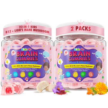 Kids Brain Gummies with Lion's Mane Mushroom, Methyl B6, B9, B12, Supper Greens, Lutein, Brain Booster Supplement for Focus & Attention, Cognitive Function, Vision & Energy, Sugar Free, Vegan 2 Pack Nextdia uk supplements