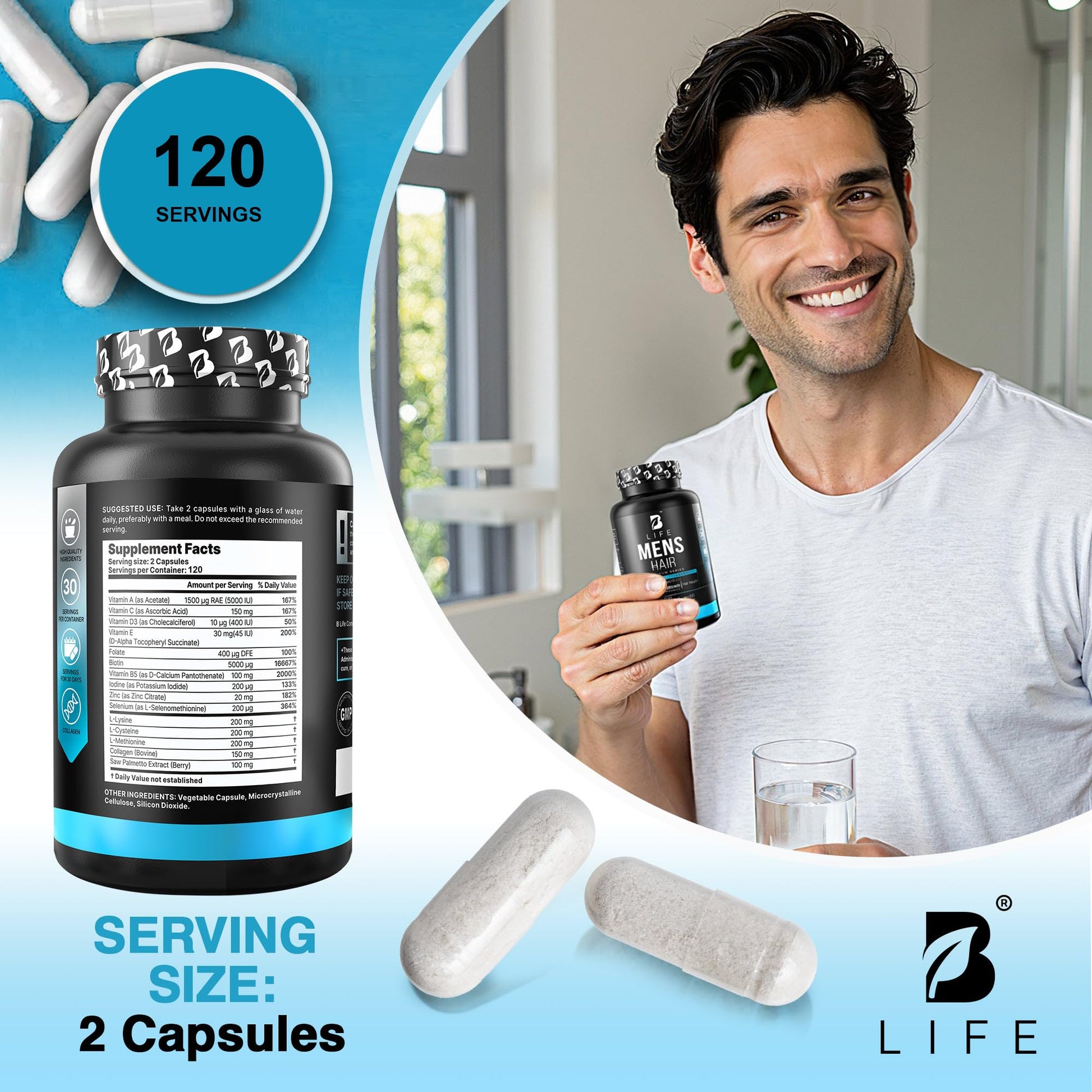 Men’s Hair Growth Supplement – Biotin & Collagen Hair Vitamins for Men – Thicker, Fuller Hair, Nail & Scalp Support – Hair Loss Supplement with Zinc, Selenium & Vitamins A C D E – 240 Capsules B Life Company uk supplements