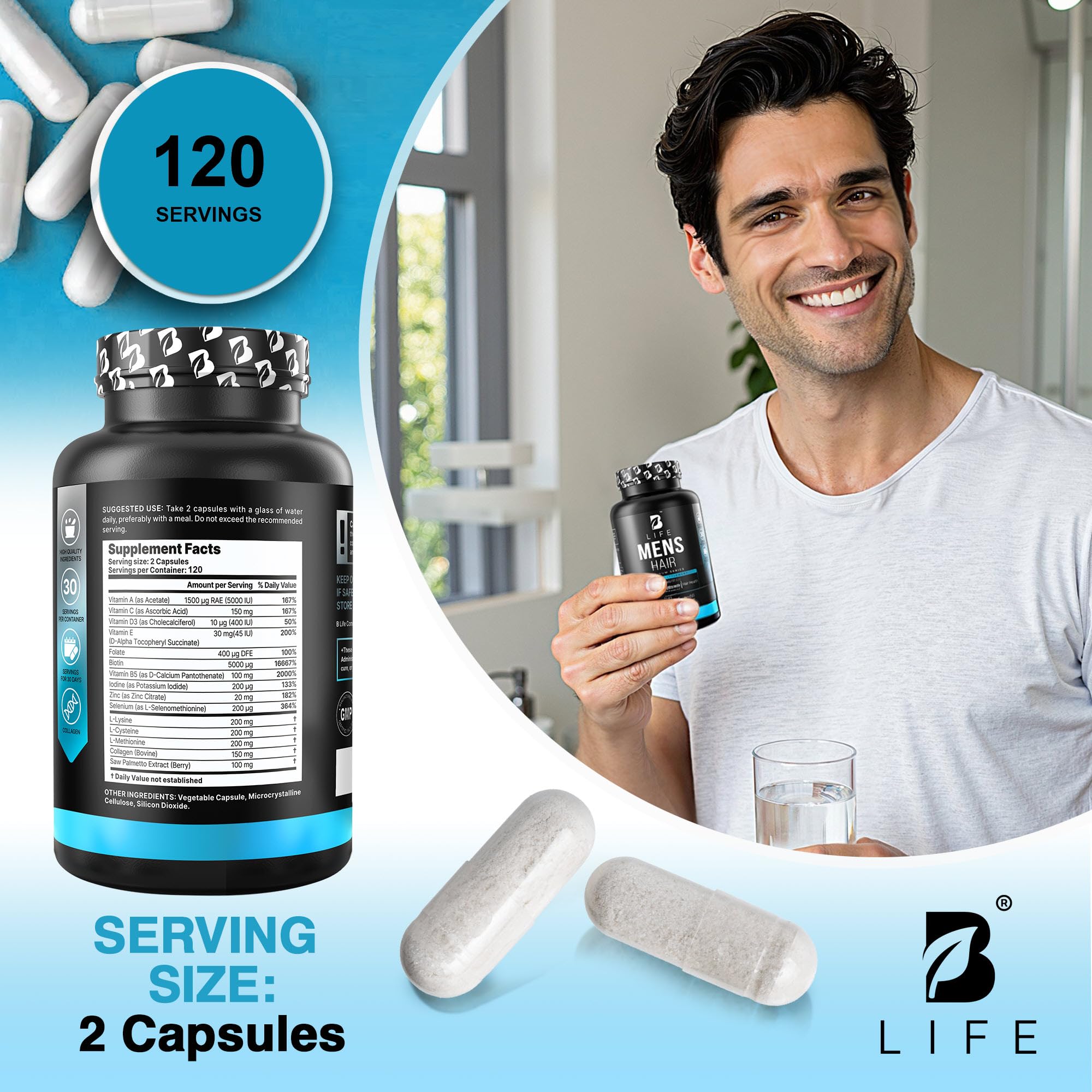 Men’s Hair Growth Supplement – Biotin & Collagen Hair Vitamins for Men – Thicker, Fuller Hair, Nail & Scalp Support – Hair Loss Supplement with Zinc, Selenium & Vitamins A C D E – 240 Capsules B Life Company uk supplements