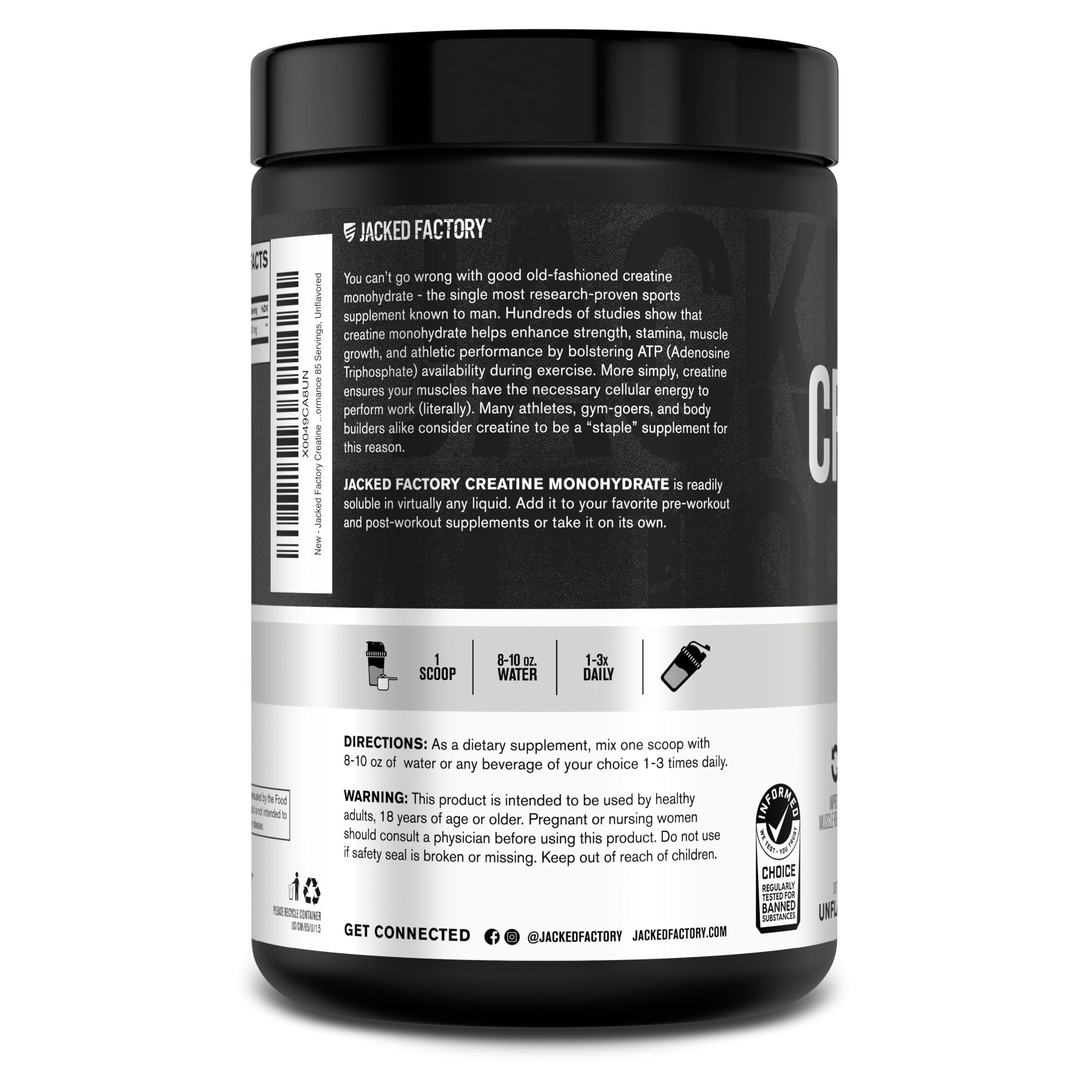Jacked Factory Creatine Monohydrate Powder 425g - 5g Daily Creatine Supplement for Men and Women, Vegan-Friendly, Third-Party Tested - 85 Servings, Unflavored Jacked Factory uk supplements