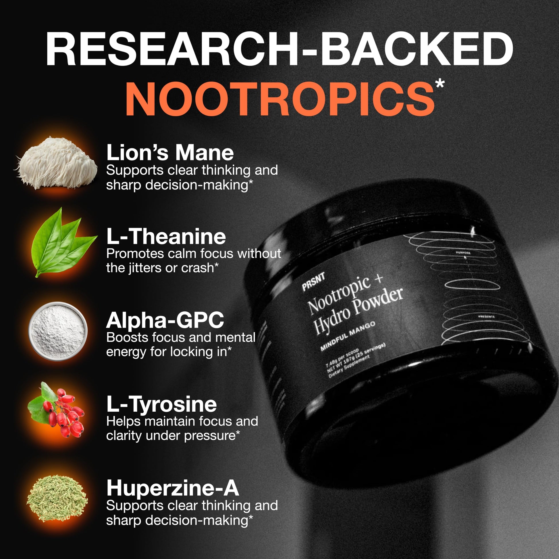 PRSNT Nootropic Focus Powder | Mango 25 Servings | Caffeine-Free, Sugar-Free | Supports Focus, Energy, Mental Clarity | Nootropic + Electrolytes Hydration Focus Drink Mix PRSNT uk supplements