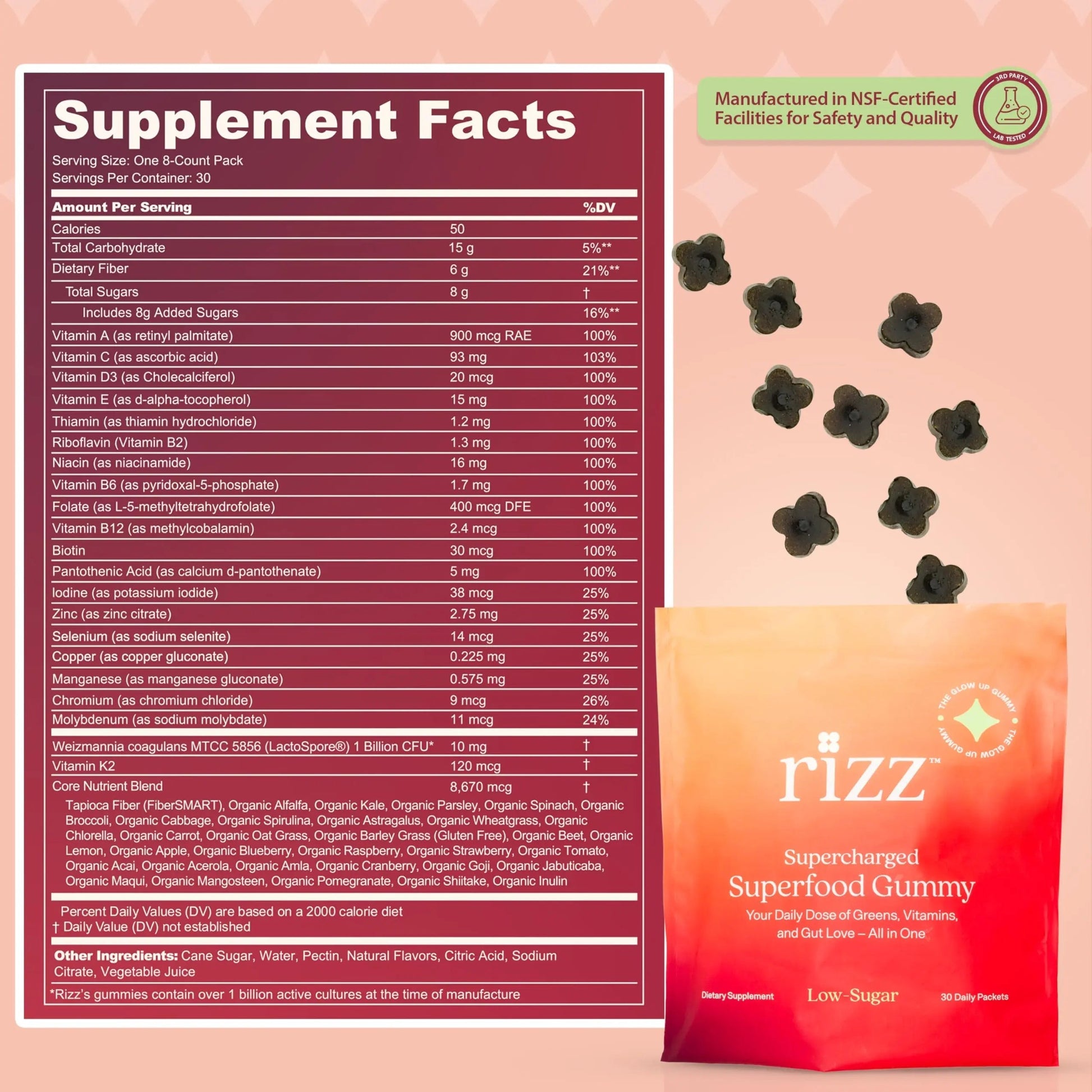 Rizz Low Sugar Green Gummies - 60+ Superfoods 6g Fiber - Prebiotic and Probiotic Gummies - Vegan Multivitamins for Women & Men Rizz uk supplements