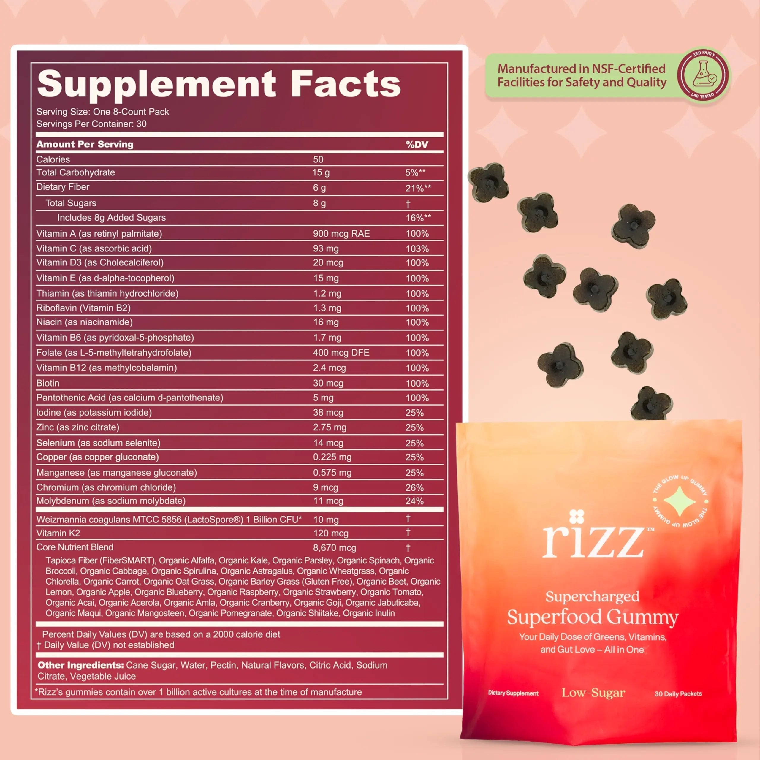Rizz Low Sugar Green Gummies - 60+ Superfoods 6g Fiber - Prebiotic and Probiotic Gummies - Vegan Multivitamins for Women & Men Rizz uk supplements