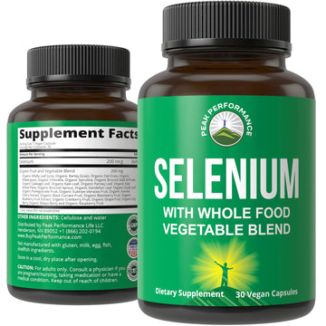 Selenium Supplement with Whole Food Blend of 25+ Vegetables and Fruits for Max Absorption. Pure Selenium Vegan Capsules for Immune System, Thyroid Support, Heart Health, Prostate Support. 30 Pills Peak Performance uk supplements