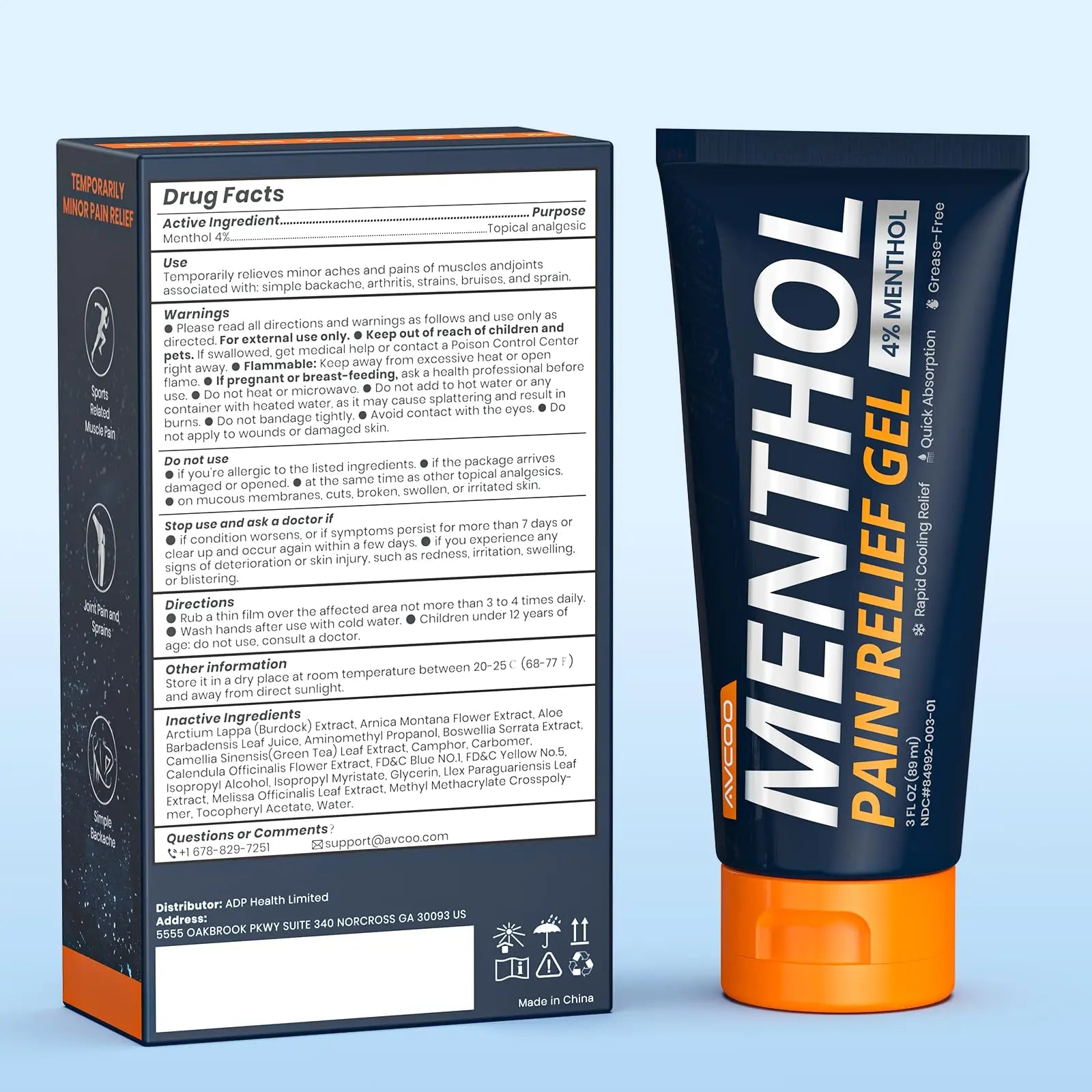 AVCOO 4% Menthol Pain Relief Gel, Cooling Sensation for Arthritis, Knees, Joint, Sore Muscle, Neck, Shoulder and Lower Back Pain Relief, Grease-Free Gel, 2 Packs (3 OZ Per Pack) AVCOO uk supplements
