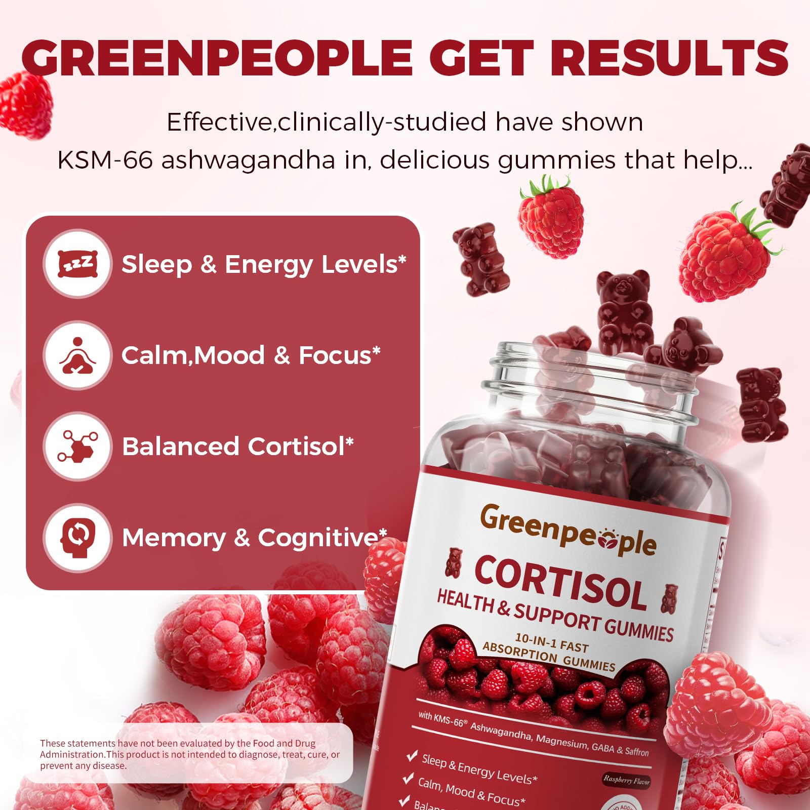 GREENPEOPLE Cortisol Supplements for Women & Men - Cortisol Reducer Detox Manager w/KSM-66 Ashwagandha/Magnesium/L-theanine/GABA/Vitamin B6 for Mood/Sleep/Stress Relief 60 CT Raspberry Flavor Gummies GREENPEOPLE uk supplements