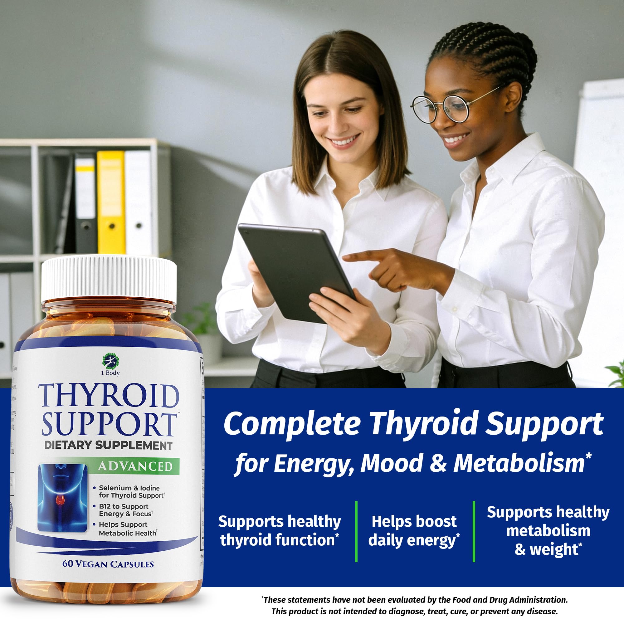 1 Body Thyroid Support Supplement for Women and Men, Selenium with Iodine, Zinc, B12, Ashwagandha and L-Tyrosine, Supports Hormone Health, Energy and Metabolism, 30 Day Supply 1 Body uk supplements