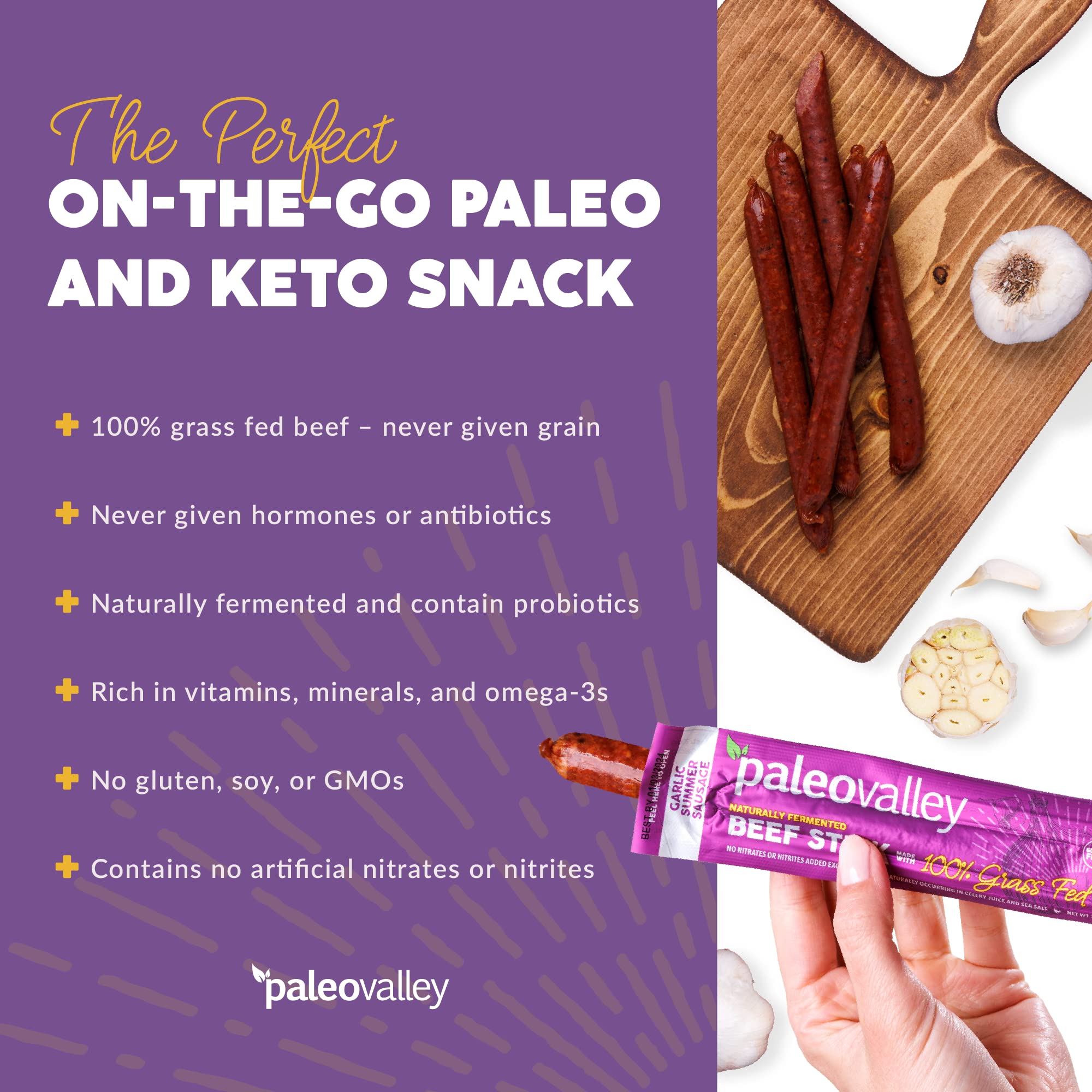 Paleovalley 100% Grass Fed Garlic Summer Sausage Beef Sticks - Delicious Gluten Free Beef Snack - High Protein Keto Friendly Paleovalley uk supplements