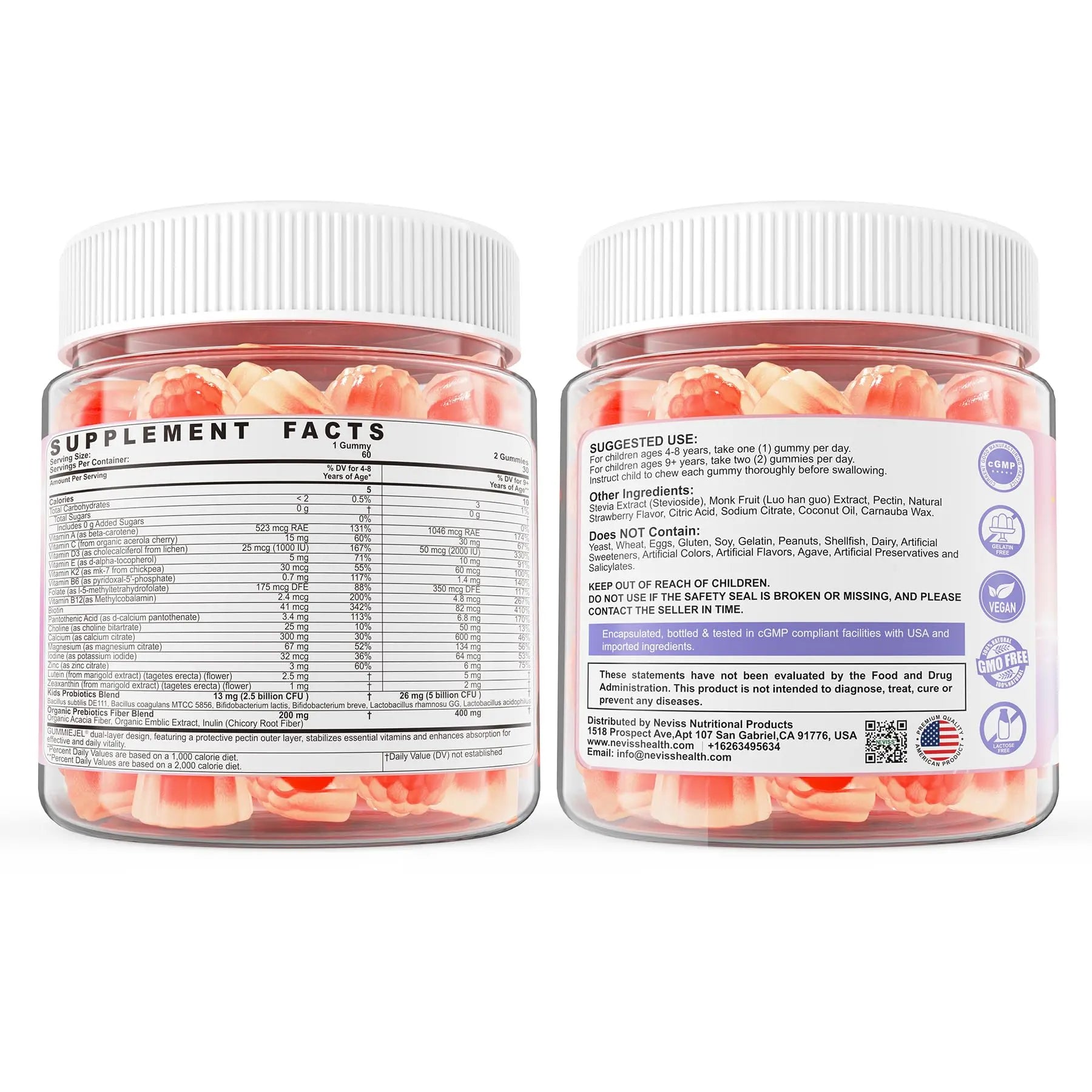 Kids Multivitamin Gummies + Calcium, Probiotics, Vitamin D3, C, Methylated B12 & Methylfolate, B6, A, K2, E, Zinc NEVISS uk supplements