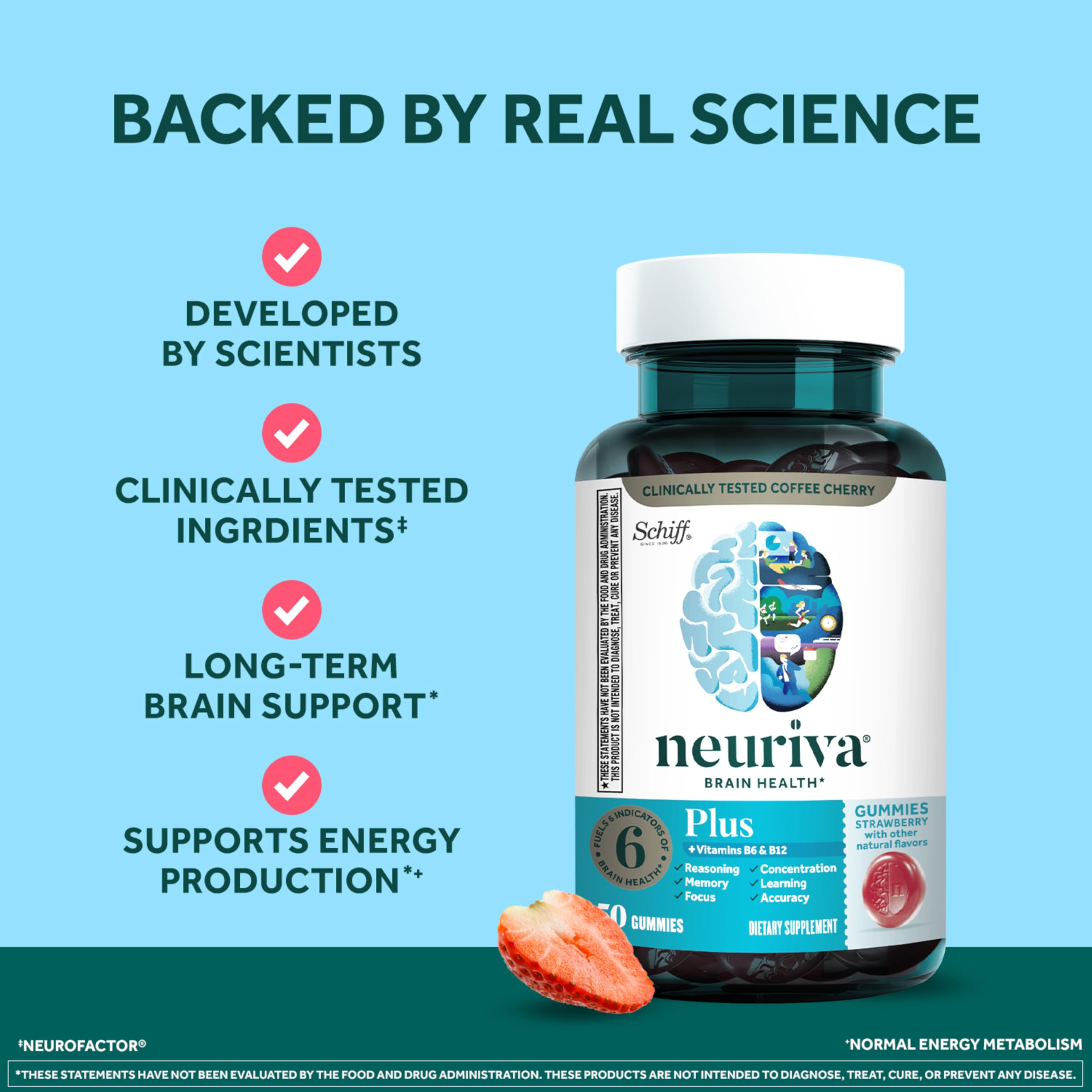 NEURIVA Plus Decaffeinated Nootropic Brain Supplement for Memory, Focus & Concentration & Cognitive Function, Clinically Tested NeuroFactor, Phosphatidylserine, Vitamins B6 B12,50ct Strawberry Gummies NEURIVA uk supplements