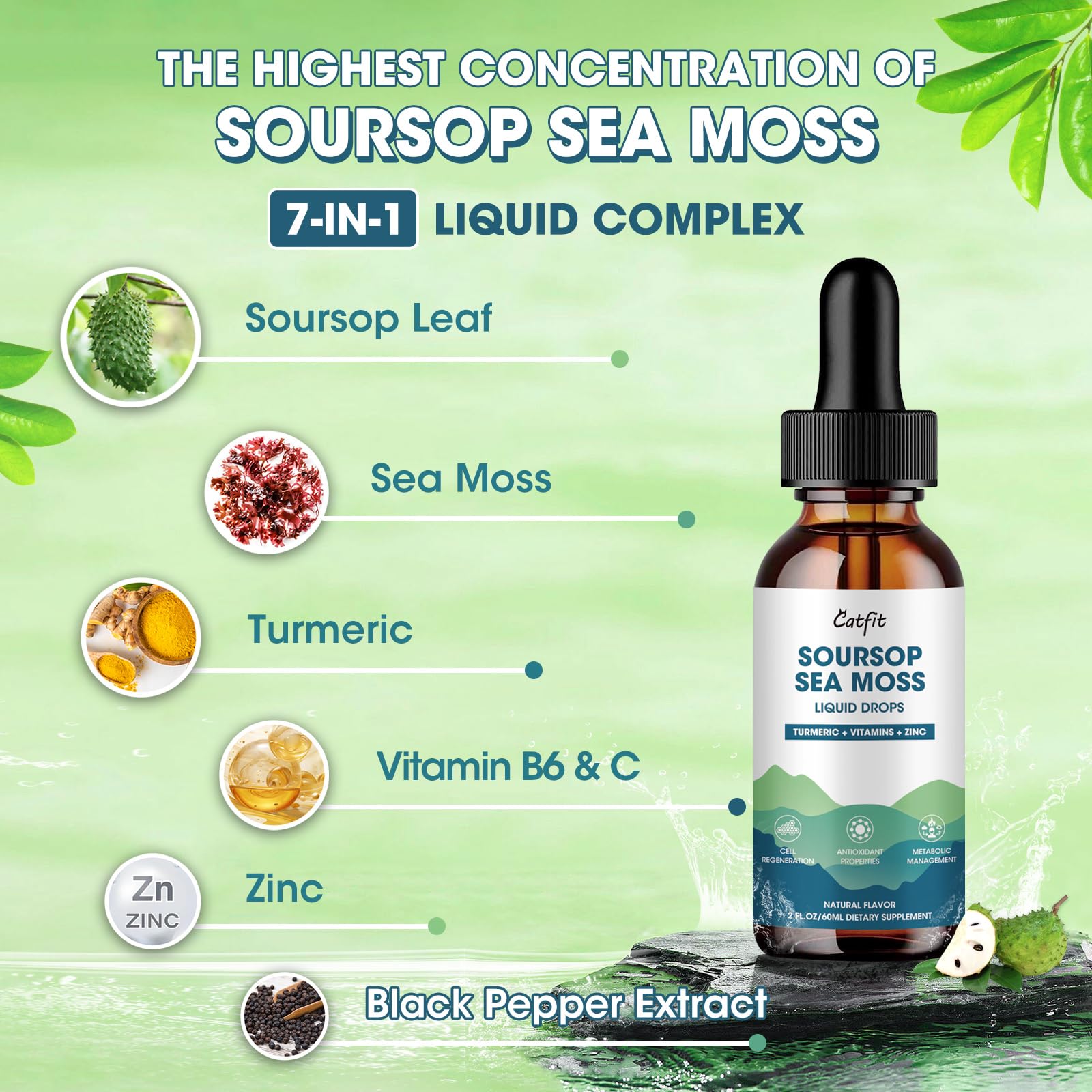 Catfit Soursop Graviola Liquid Drop – Soursop Drops for Cell Support, Antioxidant, Relaxation & Immune Boost with Sea Moss, Turmeric, Black Pepper, B6 C, Zinc, Sugar Free, Gluten Free, Vegan, 2 Fl Oz Catfit uk supplements