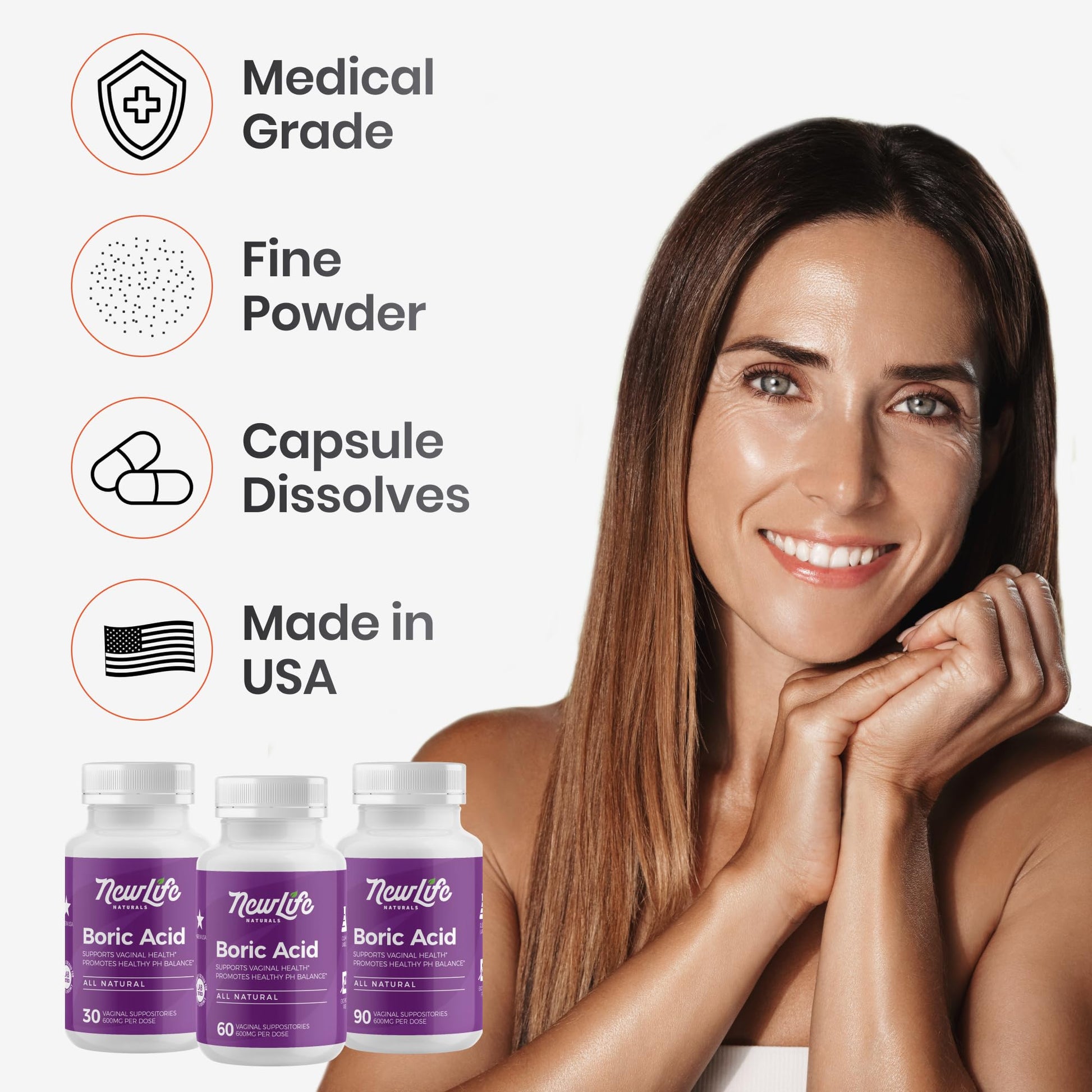 NewLife Naturals - Boric Acid Suppositories for Women pH Balance Pills - 600mg - Feminine Care - Vaginal Odor Itching Discharge BV | Made in USA | 30 Capsules NewLife Naturals uk supplements