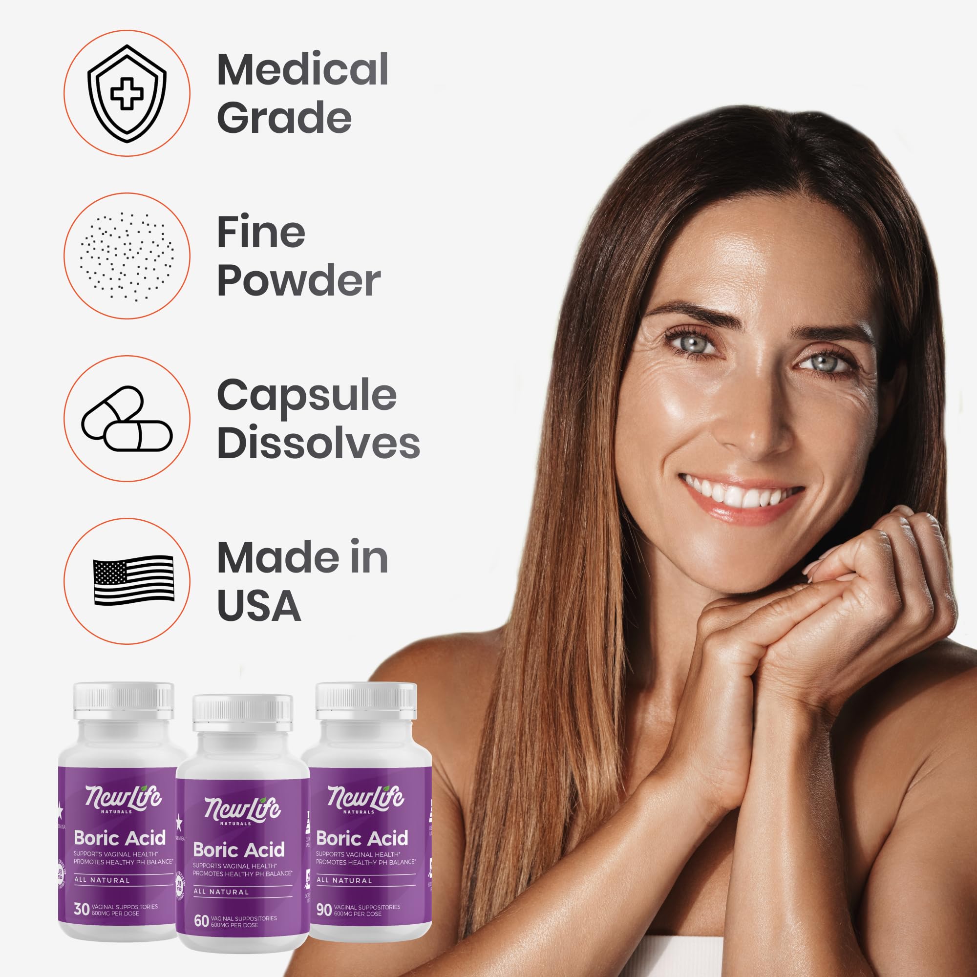 NewLife Naturals - Medical Grade Boric Acid Vaginal Suppositories - 600mg - 100% Pure Womens pH Balance Pills - Yeast Infection, BV - 90 Capsules: Made in USA NewLife Naturals uk supplements