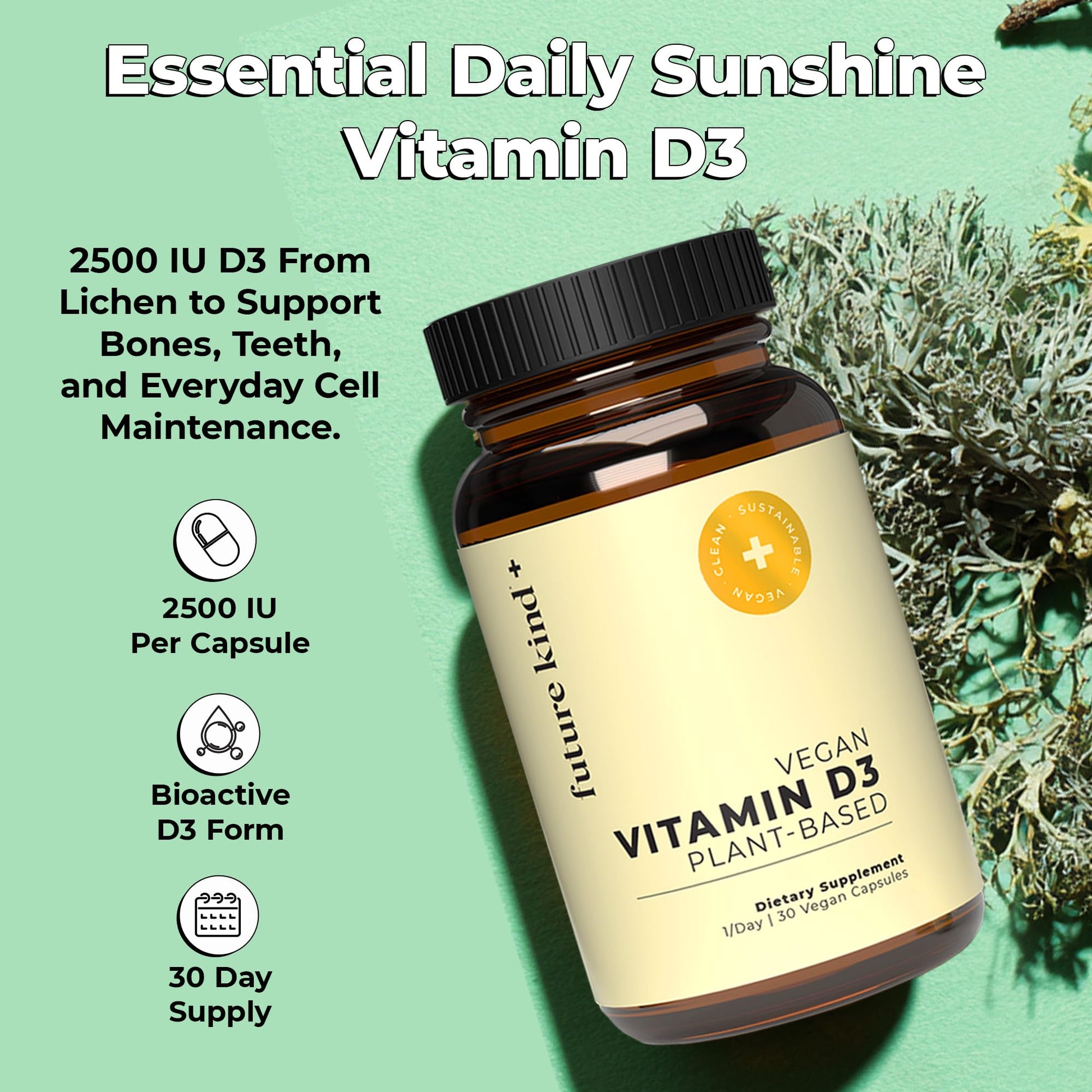 Future Kind Vitamin D3 2500 IU for Bone and Muscle Function, Vitamin D Vegan Supplement from Plant Lichen, Non-GMO, Sugar Free, Pure Vitamin D3, Promotes Natural Resilience, 30 Capsules Future Kind uk supplements