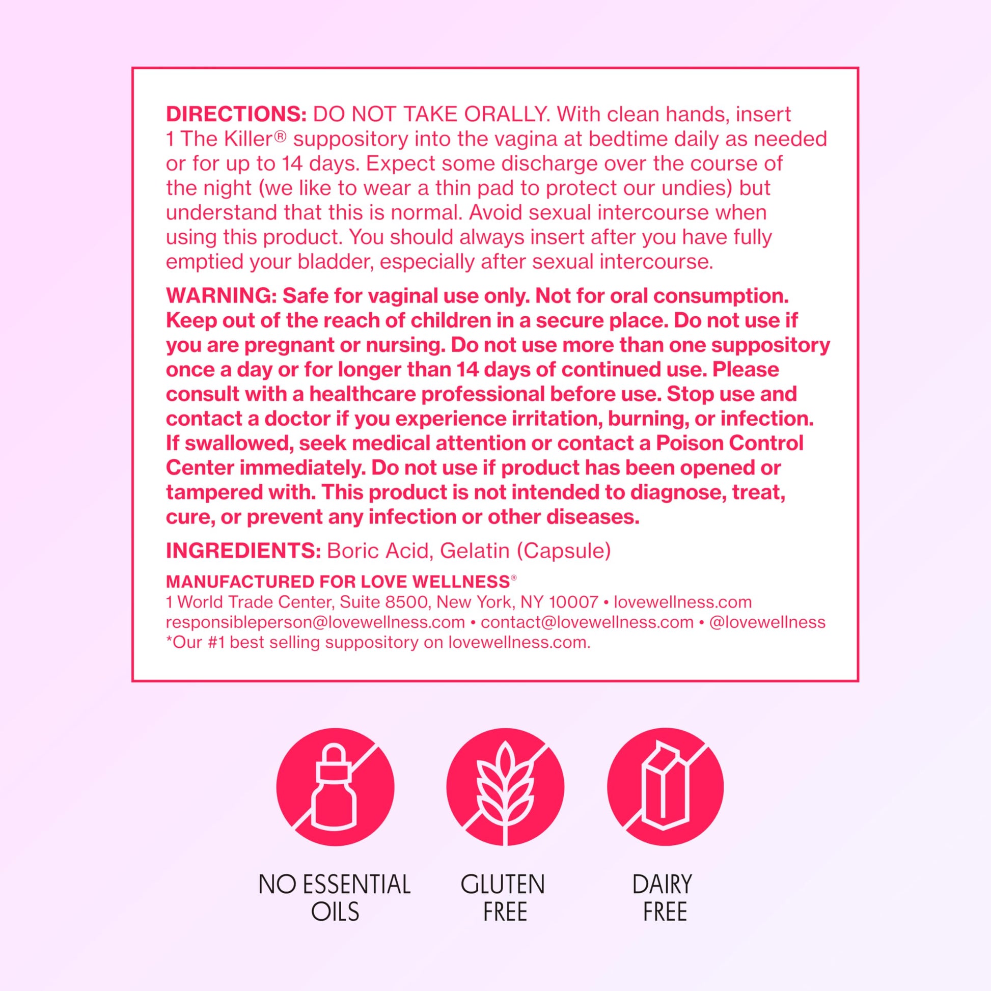 Love Wellness The Killer | Boric Acid Vaginal Suppositories | Balances pH & Supports Odor Control, a Healthy Vaginal Balance and Environment | Fast-Acting & Fragrance-Free | Gentle & Effective | 14 Ct Love Wellness uk supplements