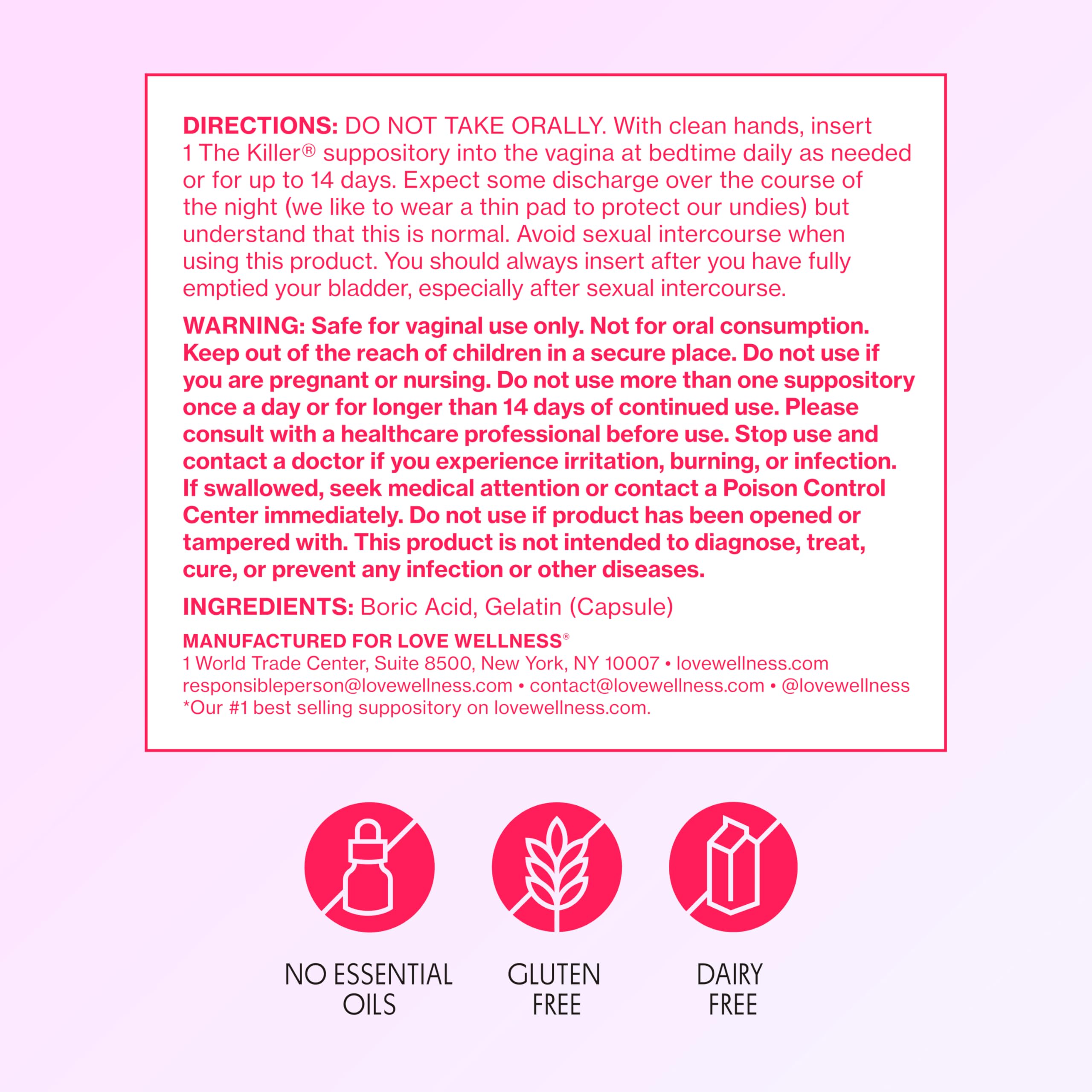 Love Wellness The Killer | Boric Acid Vaginal Suppositories | Balances pH & Supports Odor Control, a Healthy Vaginal Balance and Environment | Fast-Acting & Fragrance-Free | Gentle & Effective | 14 Ct Love Wellness uk supplements