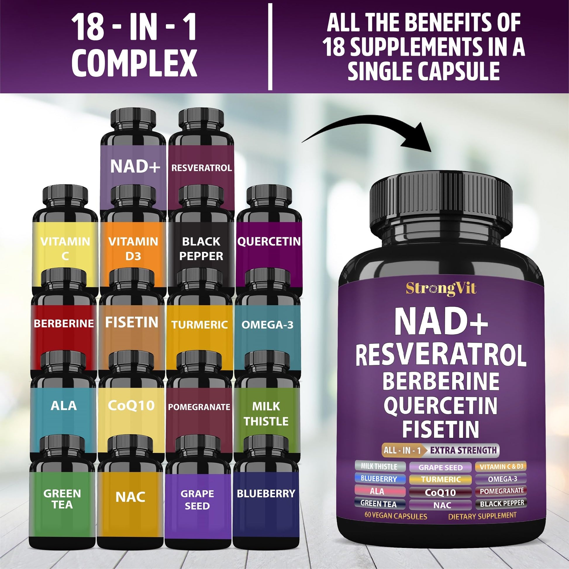 NAD Resveratrol Supplement with Berberine, Quercetin, CoQ10. Anti-Aging Formula for Women & Men. Liposomal NAD Plus, NAD+ Booster, Pure Organic Vitamin, USA StrongVit uk supplements